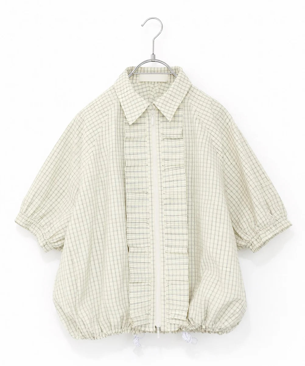 seersucker check pleats half sleeve blouson