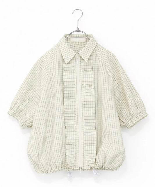 seersucker check pleats half sleeve blouson