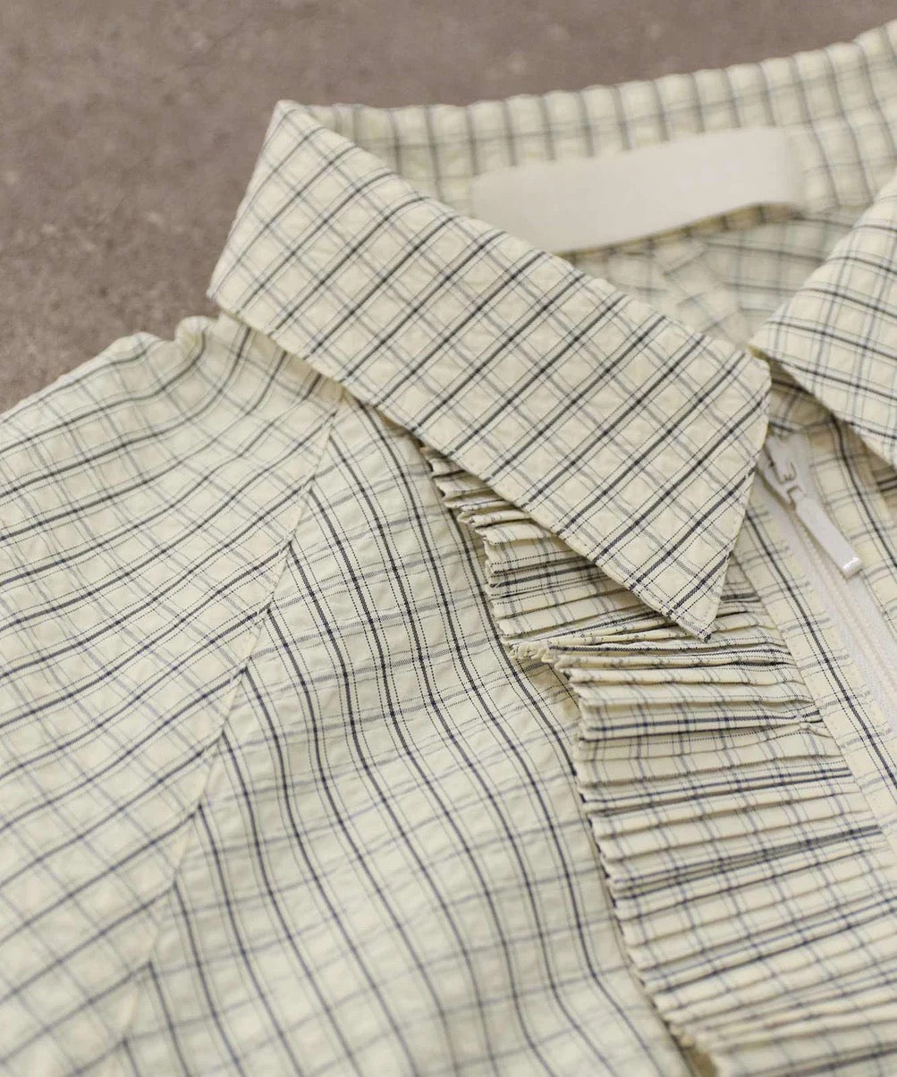 seersucker check pleats half sleeve blouson