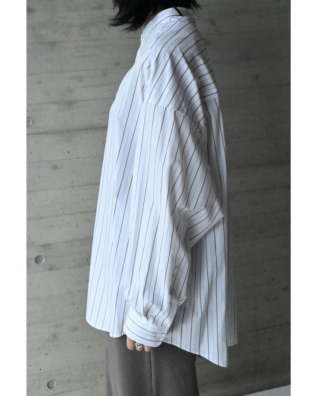 SIDOGRAS Brown Stripe Oversized Band Collar Shirt