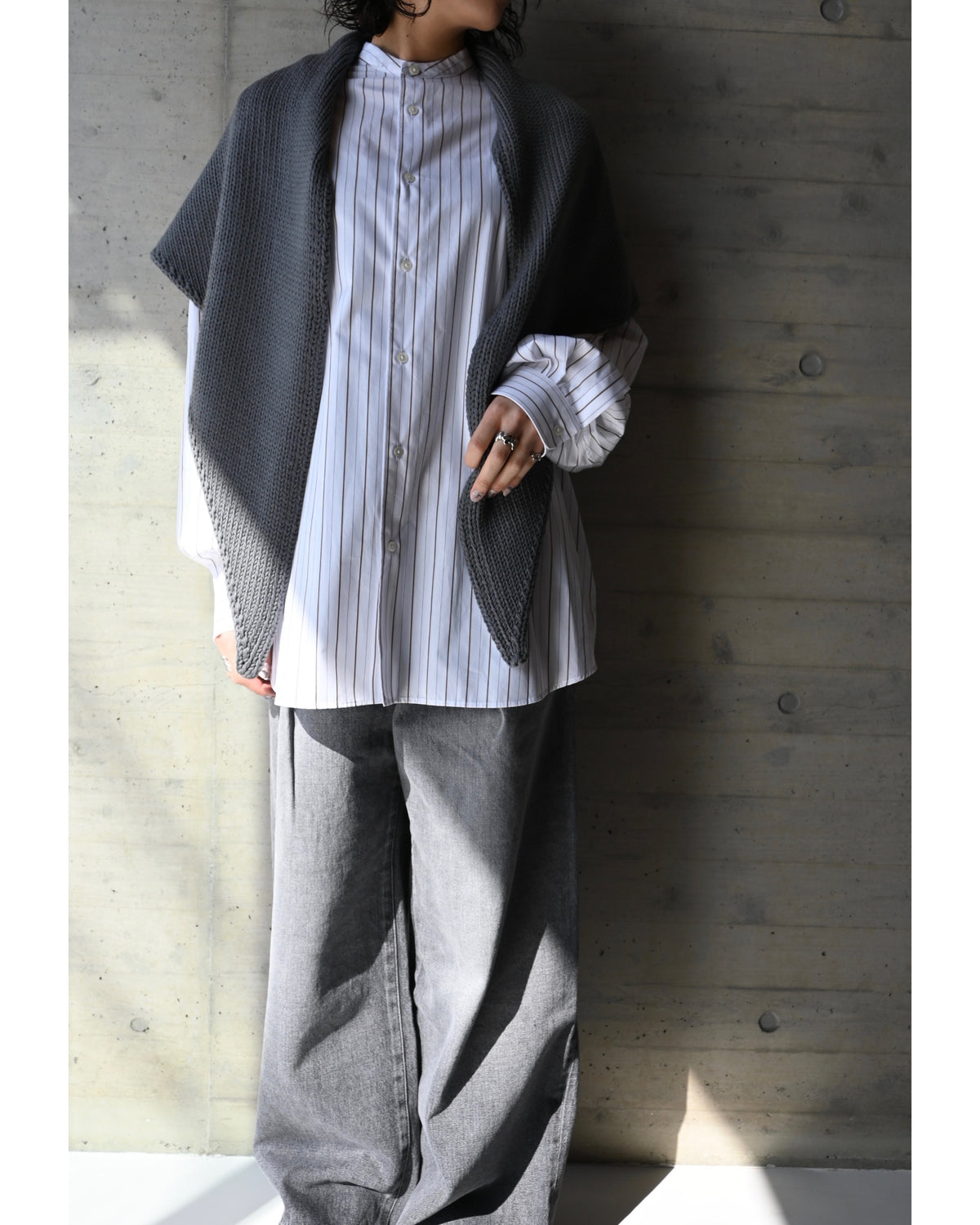 SIDOGRAS Brown Stripe Oversized Band Collar Shirt