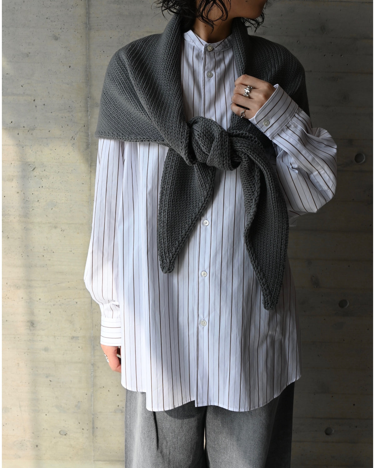 SIDOGRAS Brown Stripe Oversized Band Collar Shirt