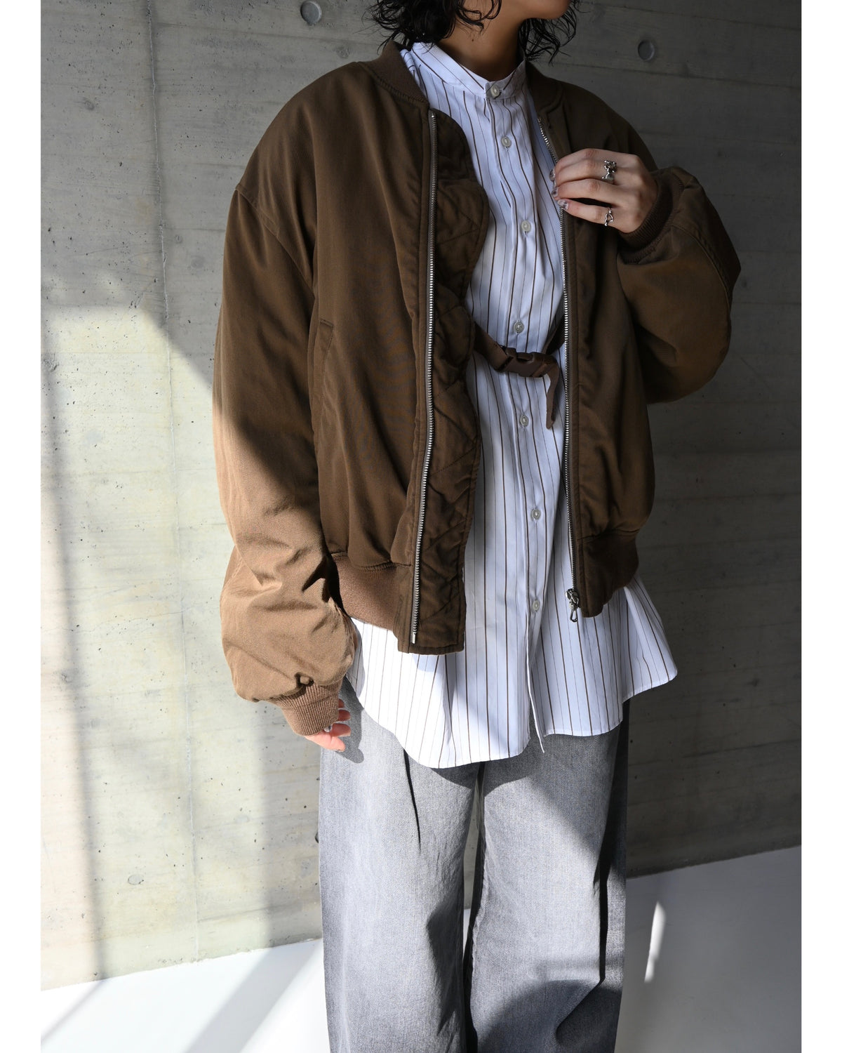 SIDOGRAS Brown Stripe Oversized Band Collar Shirt