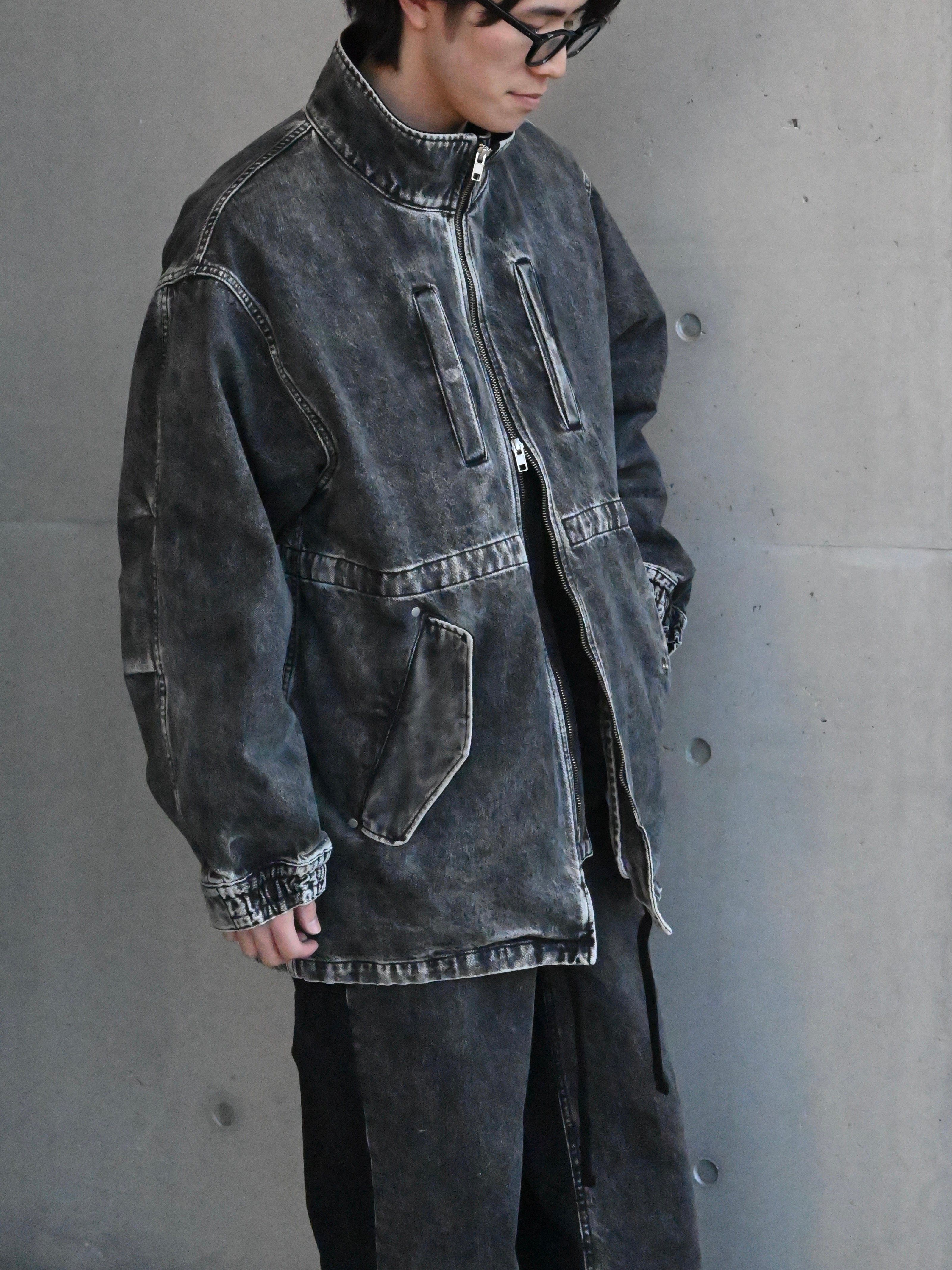 CHEMICAL BLEACHED DENIM MODS COAT BLACK