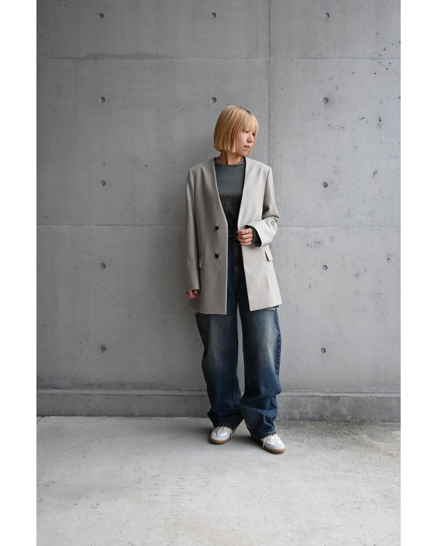 Scale Off Flannel Collarless Long Jacket