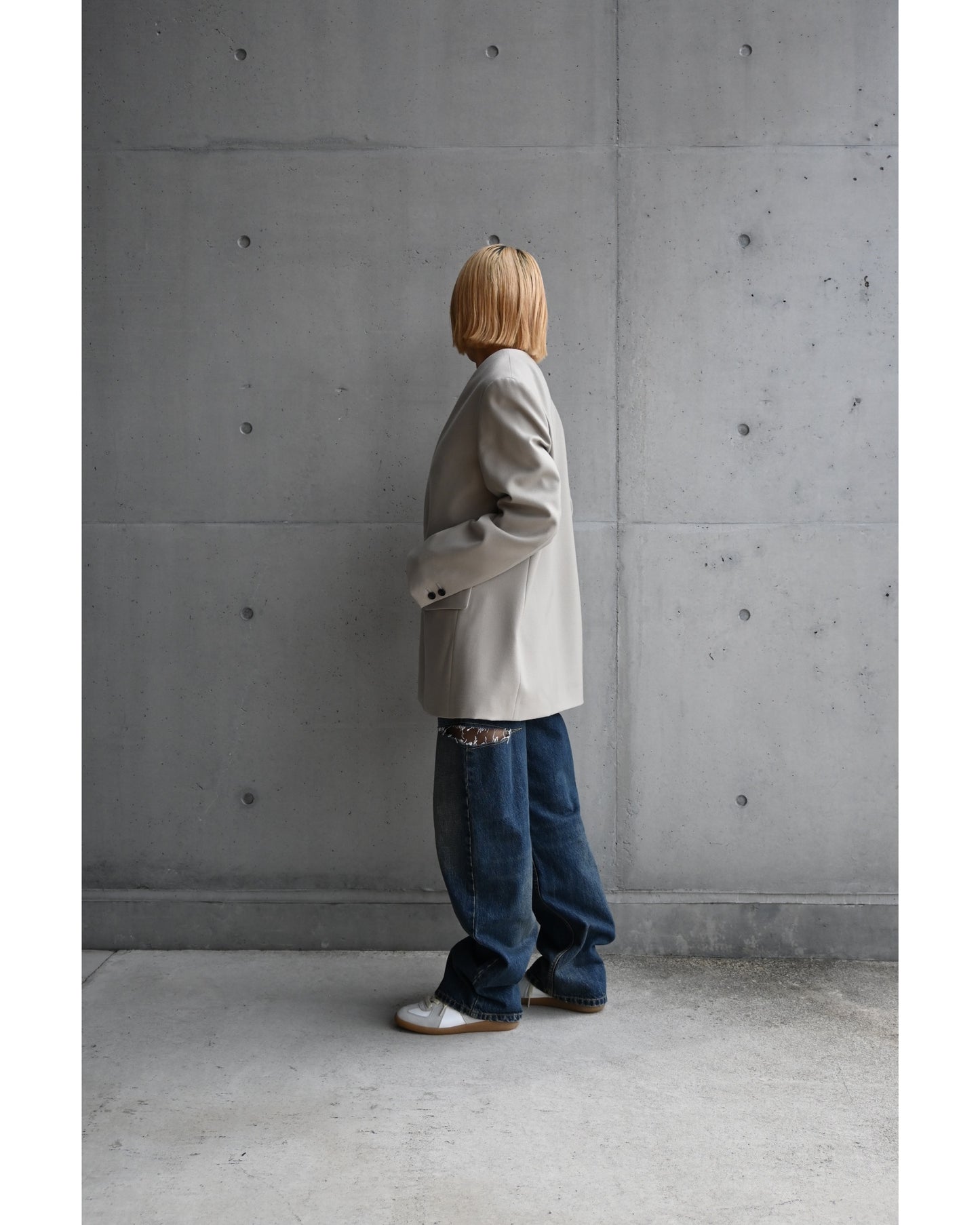 Scale Off Flannel Collarless Long Jacket