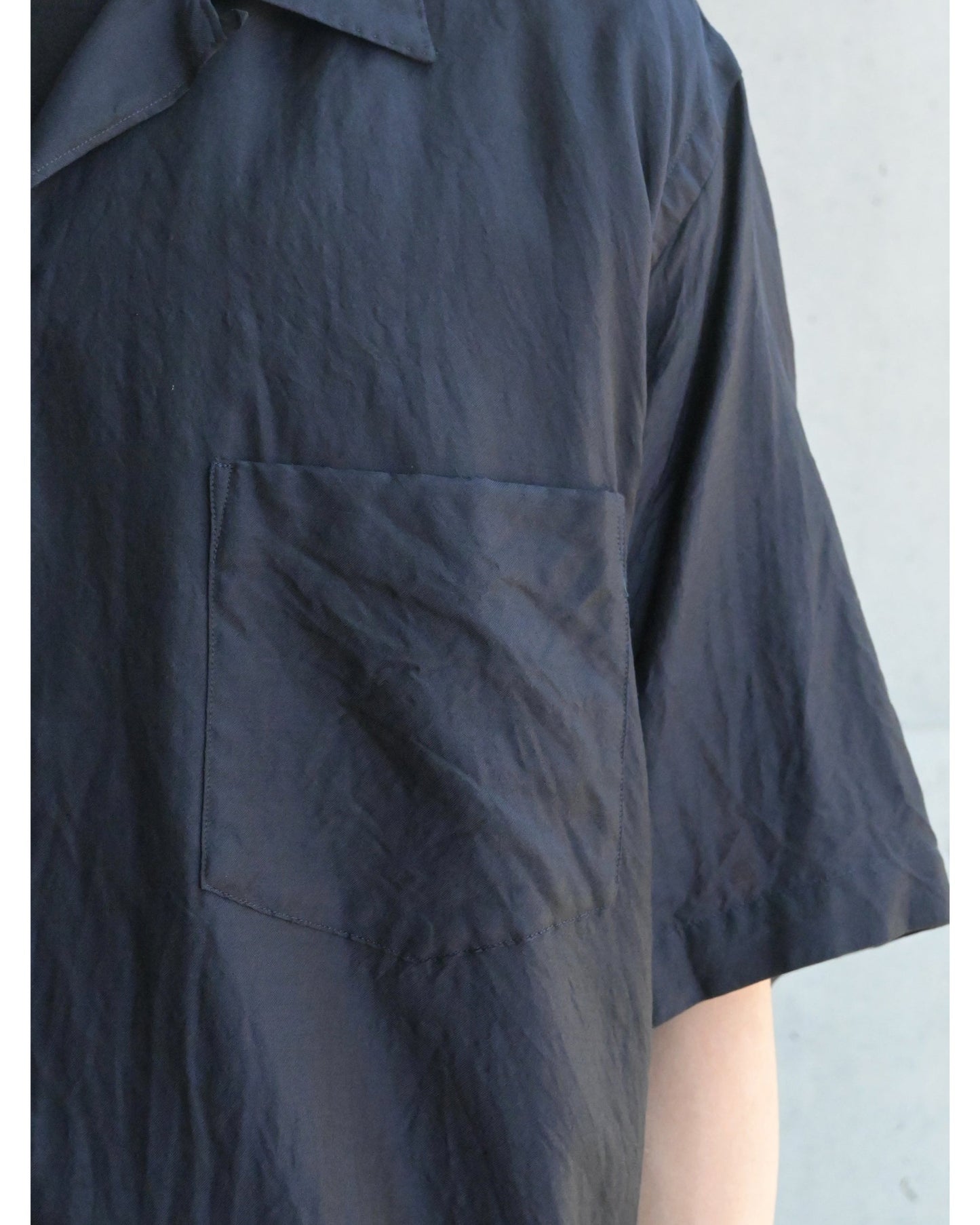 ウールシルク 半袖オープンカラーシャツ NAVY