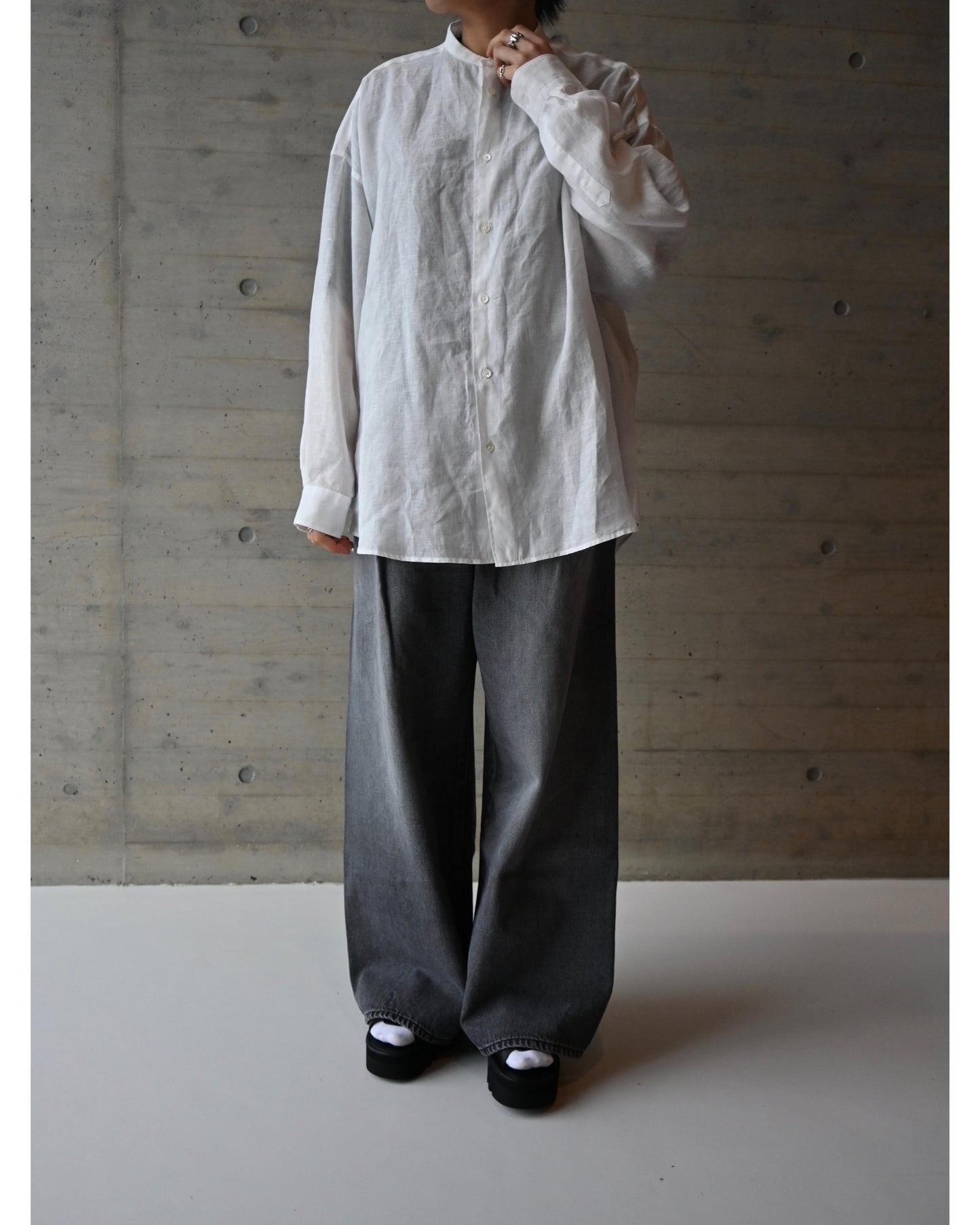 Linen L/S Oversized Band Collar Shirt