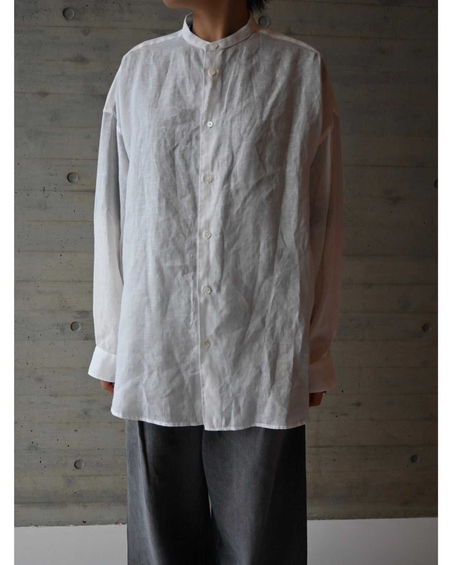 Linen L/S Oversized Band Collar Shirt