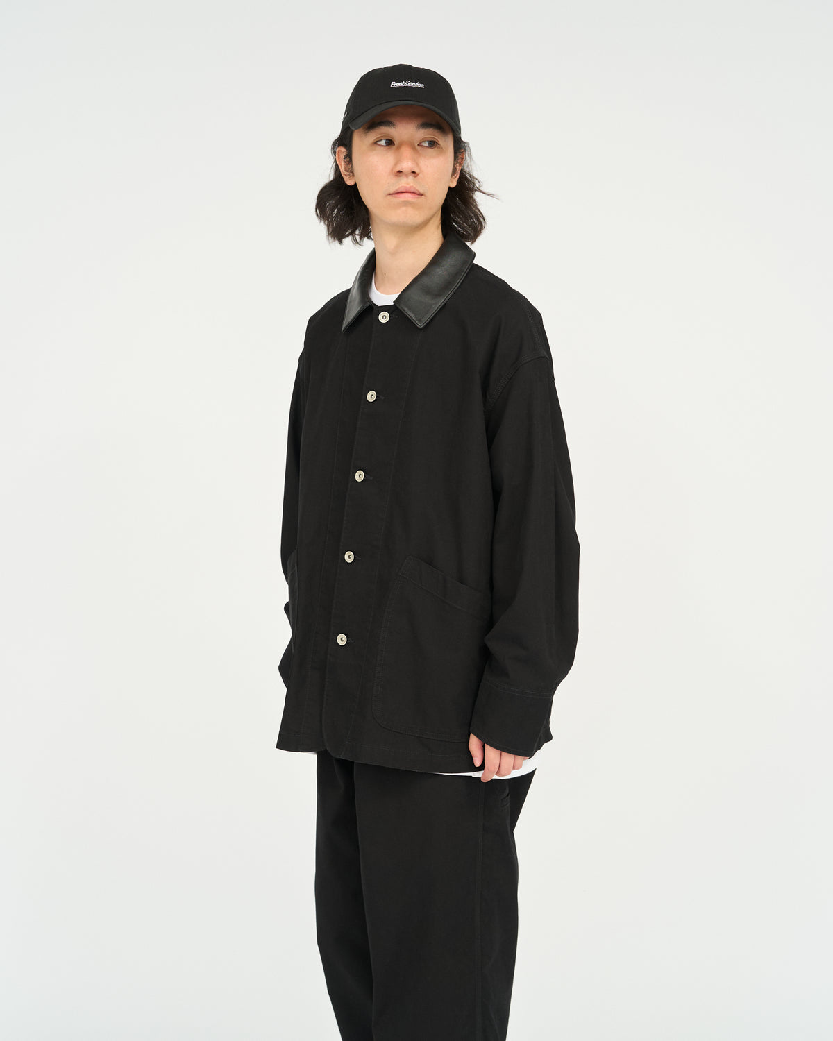 COTTON CANVAS LEATHER COLLAR WORK JACKET