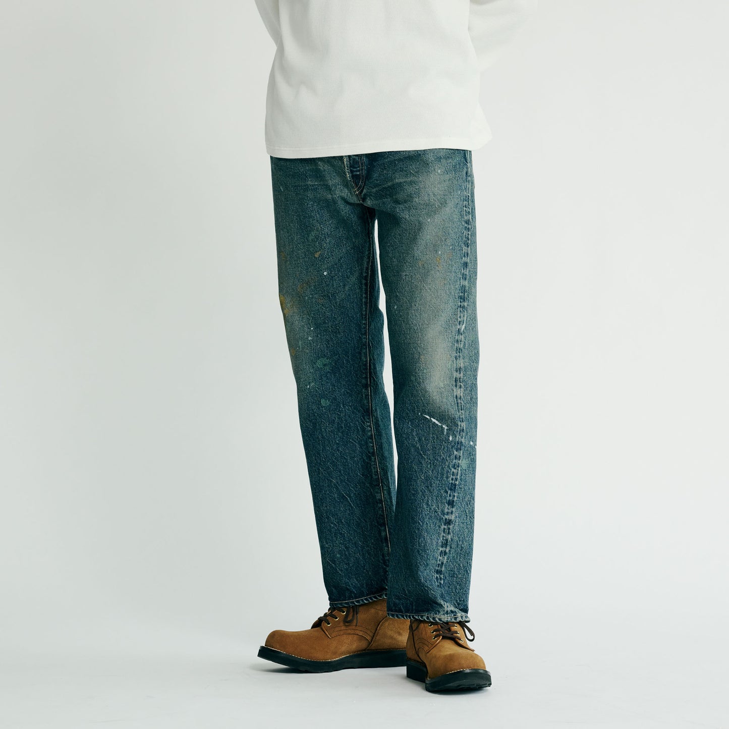 RECYCLED WASTE SUVIN COTTON YARN 14oz. DENIM 5POCKET STRAIGHT PANTS VINTAGE WASHED 42504
