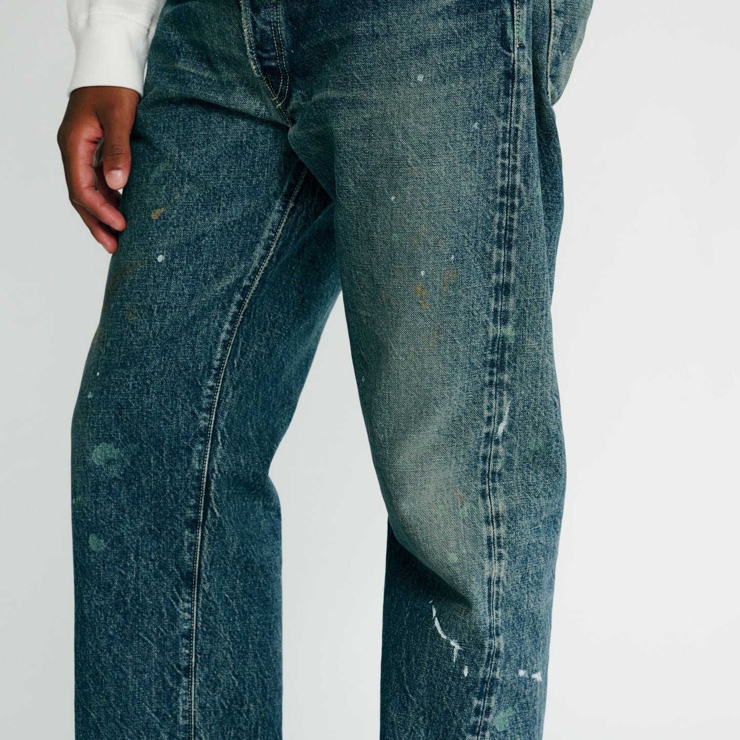 RECYCLED WASTE SUVIN COTTON YARN 14oz. DENIM 5POCKET STRAIGHT PANTS VINTAGE WASHED 42504