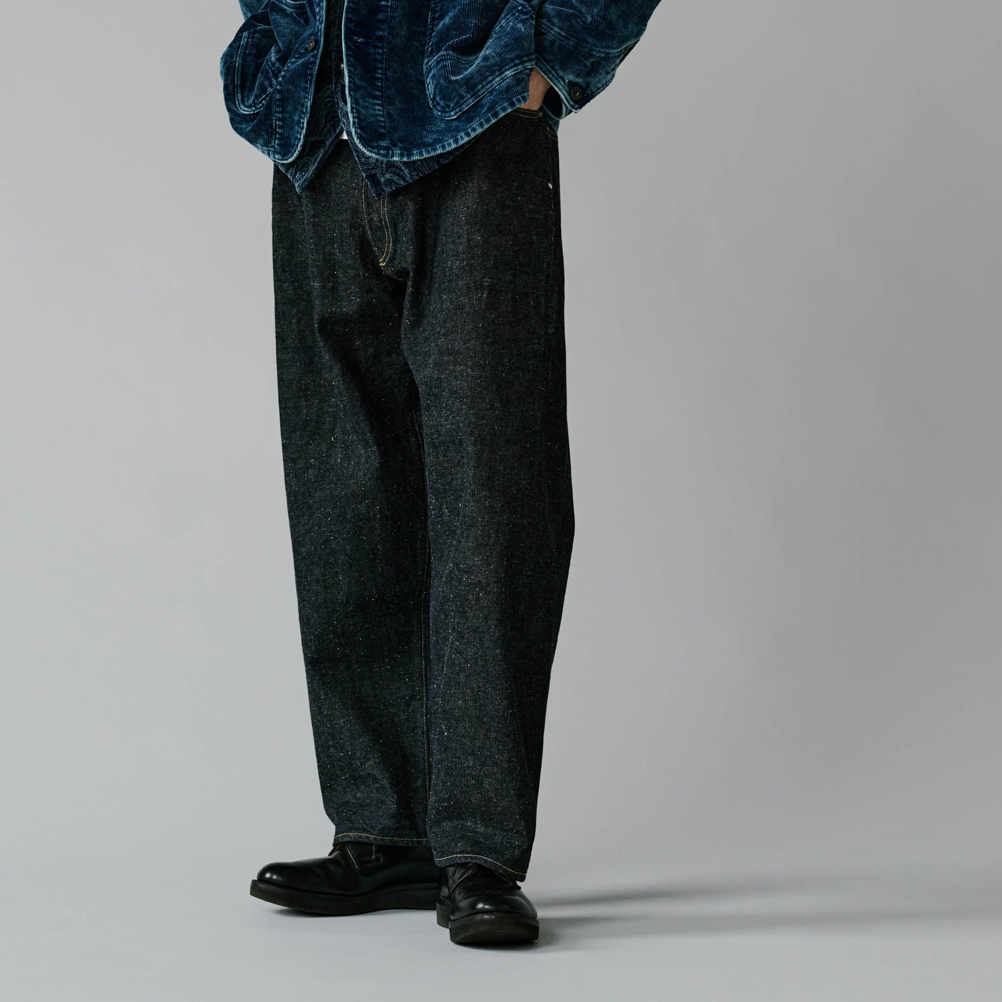 リメイクデニム RECYCLED WASTE SUVIN COTTON YARN 14oz. DENIM 5POCKET WIDE PANTS