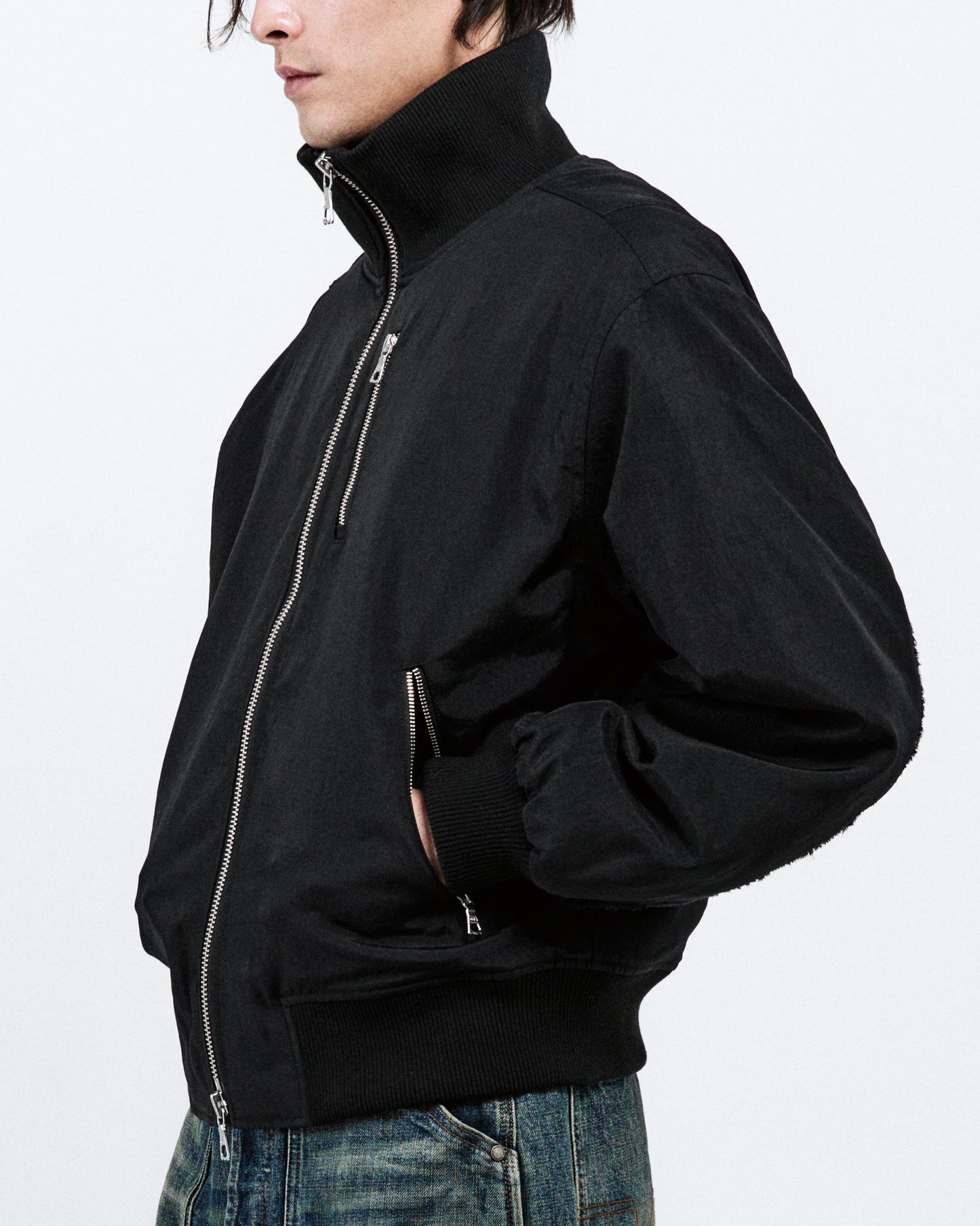 HIGH COLLAR RAW EDGE MILLITARY BOMBER