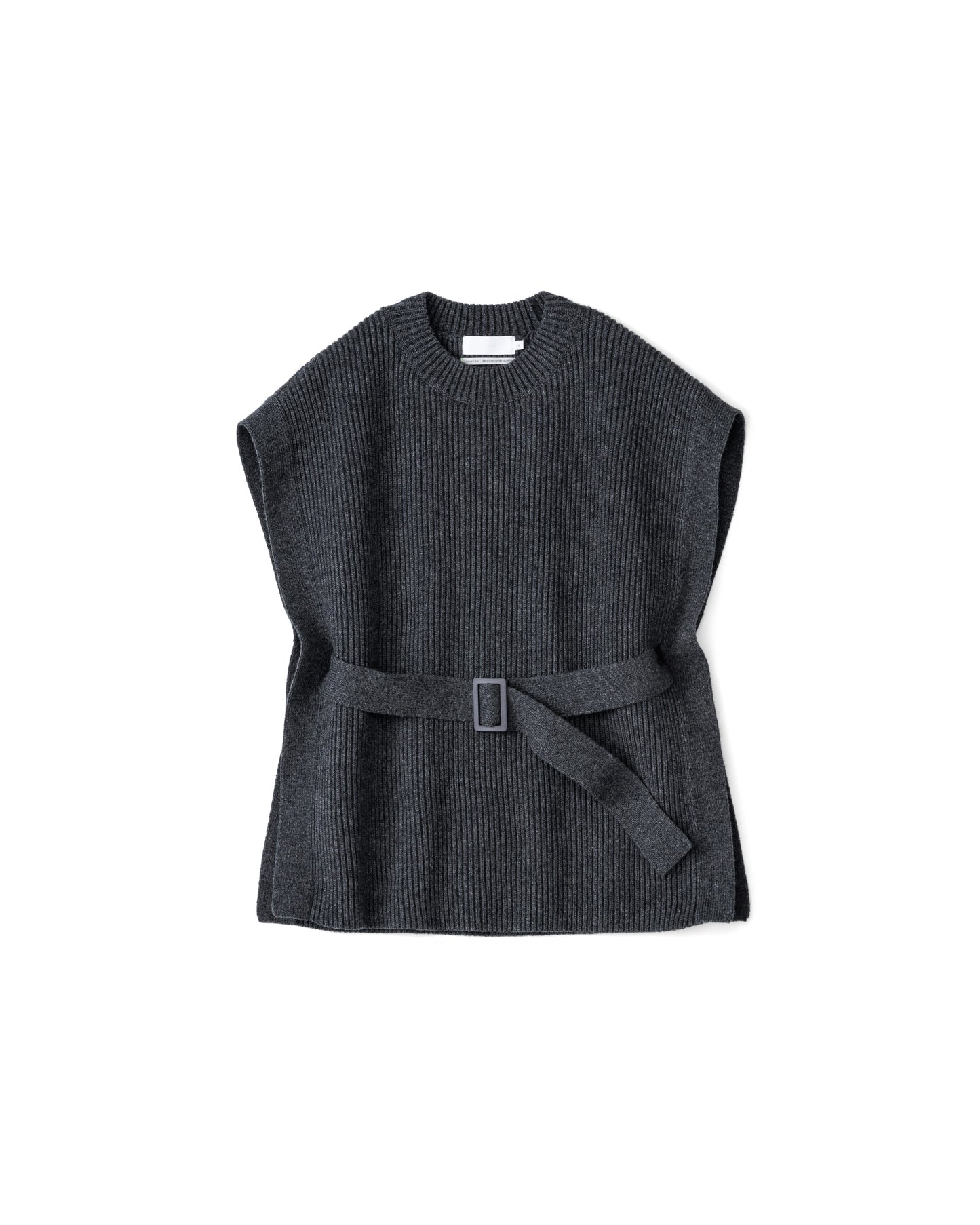 Fine Wool Rib Knit Crew Neck Belted Vest