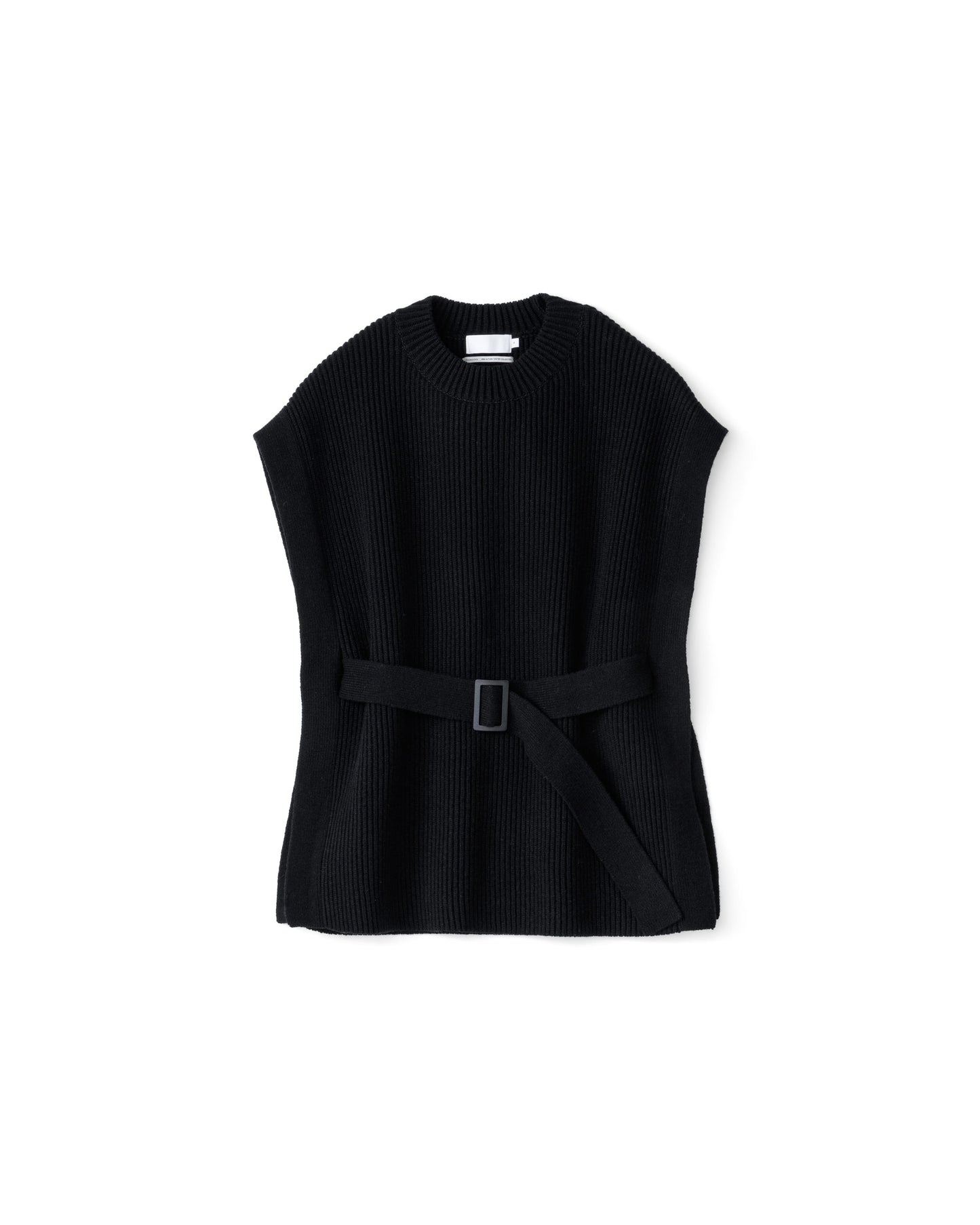 Fine Wool Rib Knit Crew Neck Belted Vest