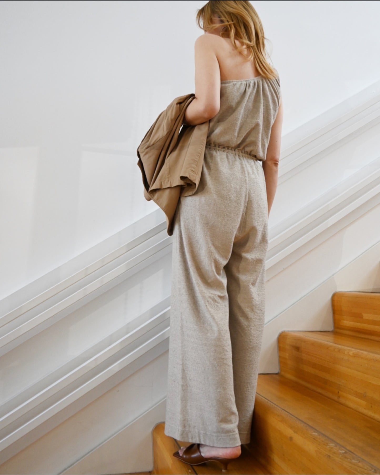 linen&cotton pile-jersey one shoulder all in one