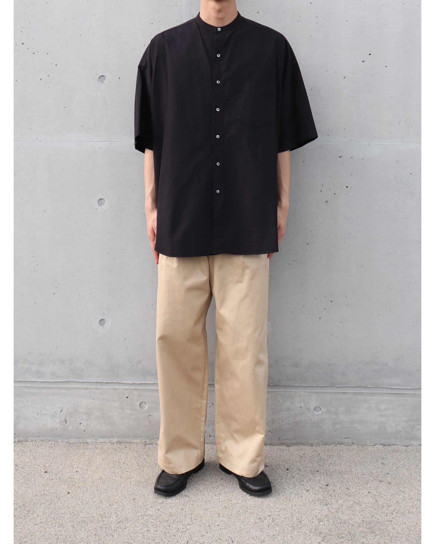 Oxford S/S Oversized Band Collar Shirt BLACK