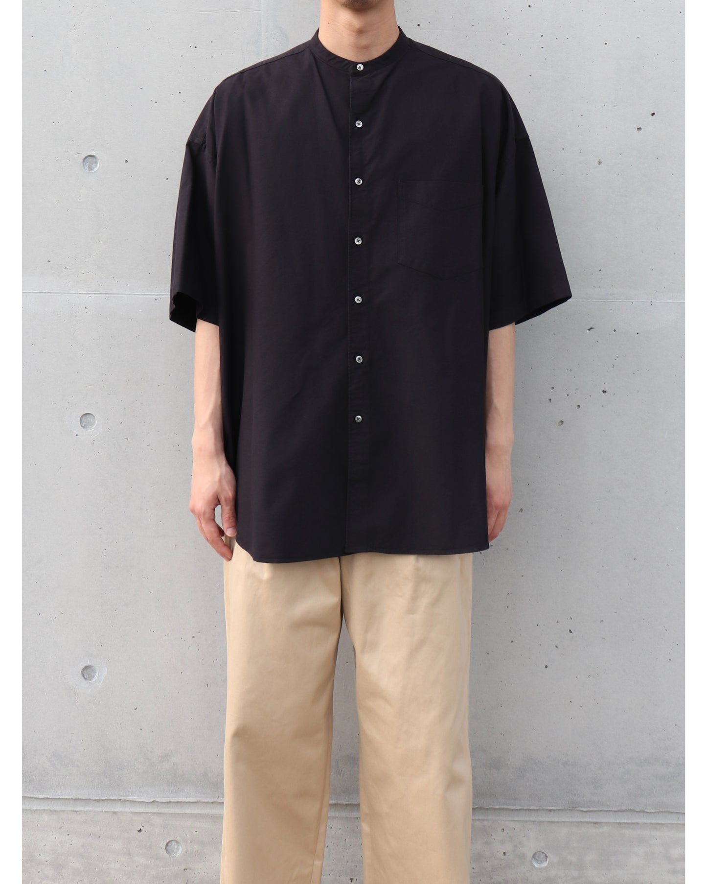 Oxford S/S Oversized Band Collar Shirt BLACK