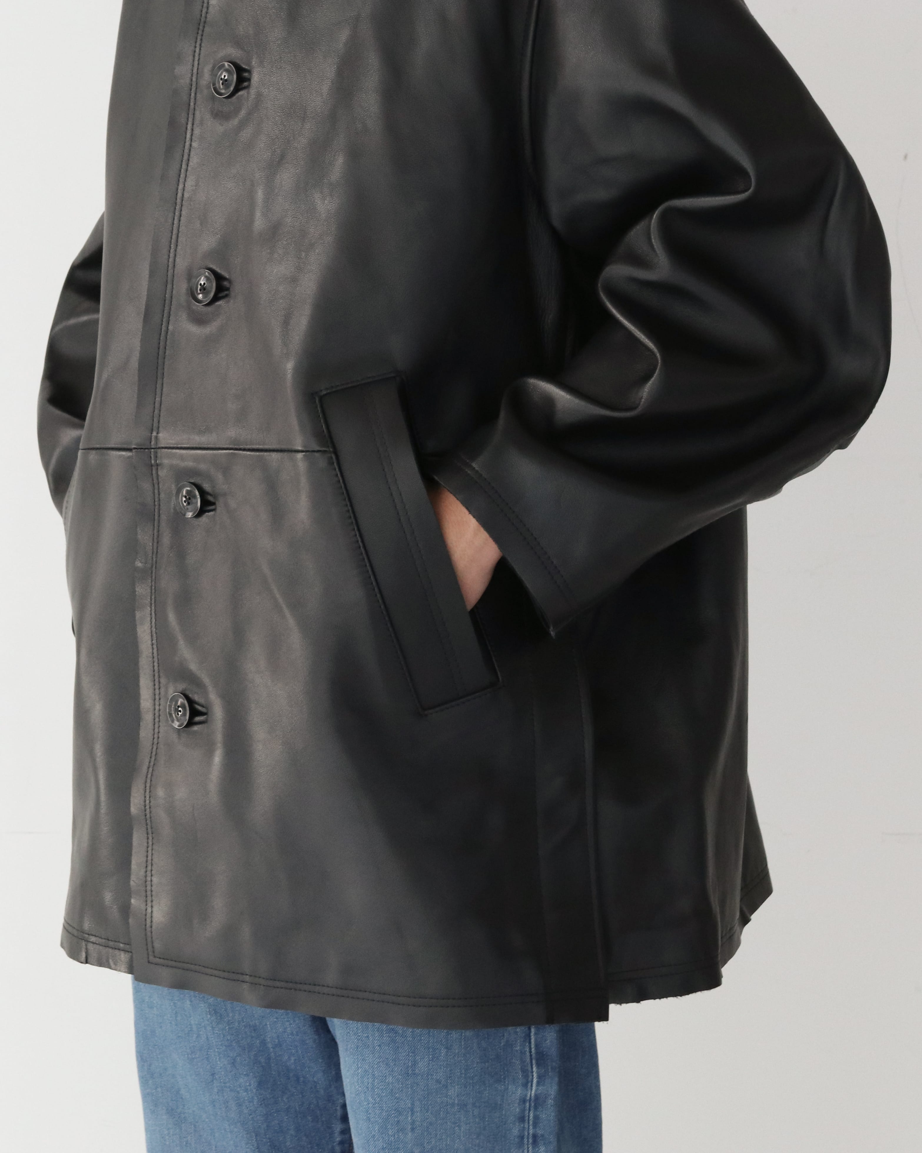 CUT-OFF LEATHER CAR COAT BLACK – TIME AFTER TIME