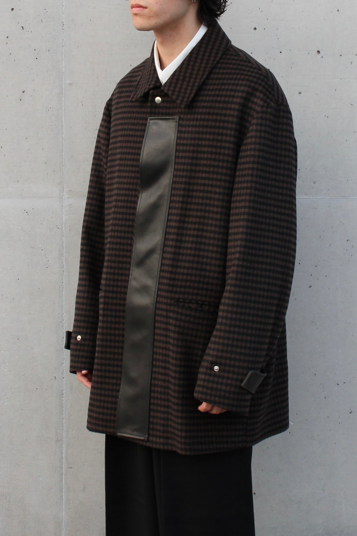 LEATHER FLY FRONT LONG JACKET  GINGHAM