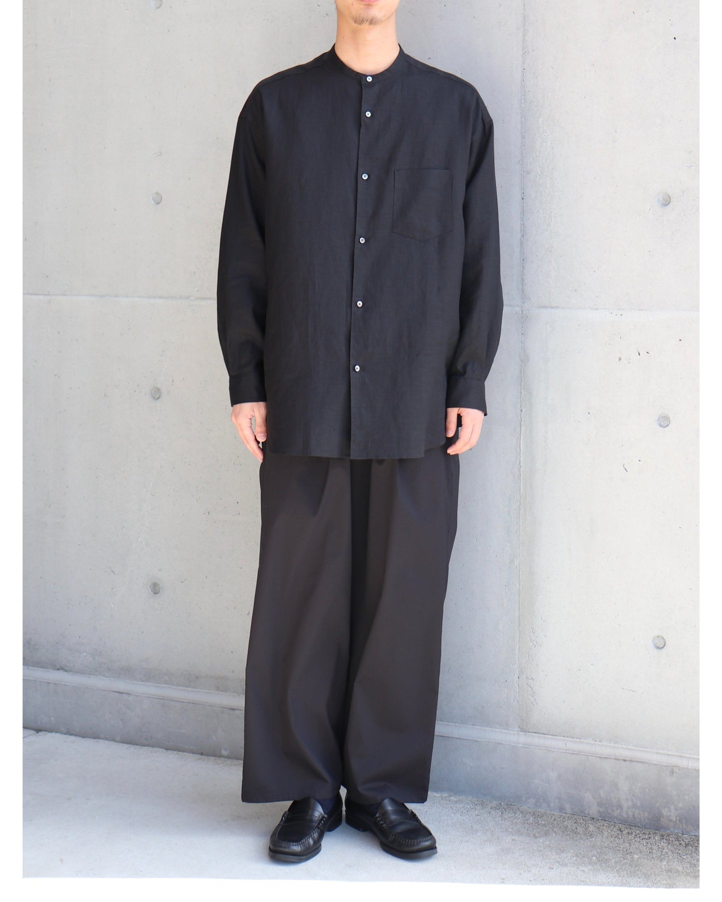 Linen L/S Oversized Band Collar Shirt BLACK