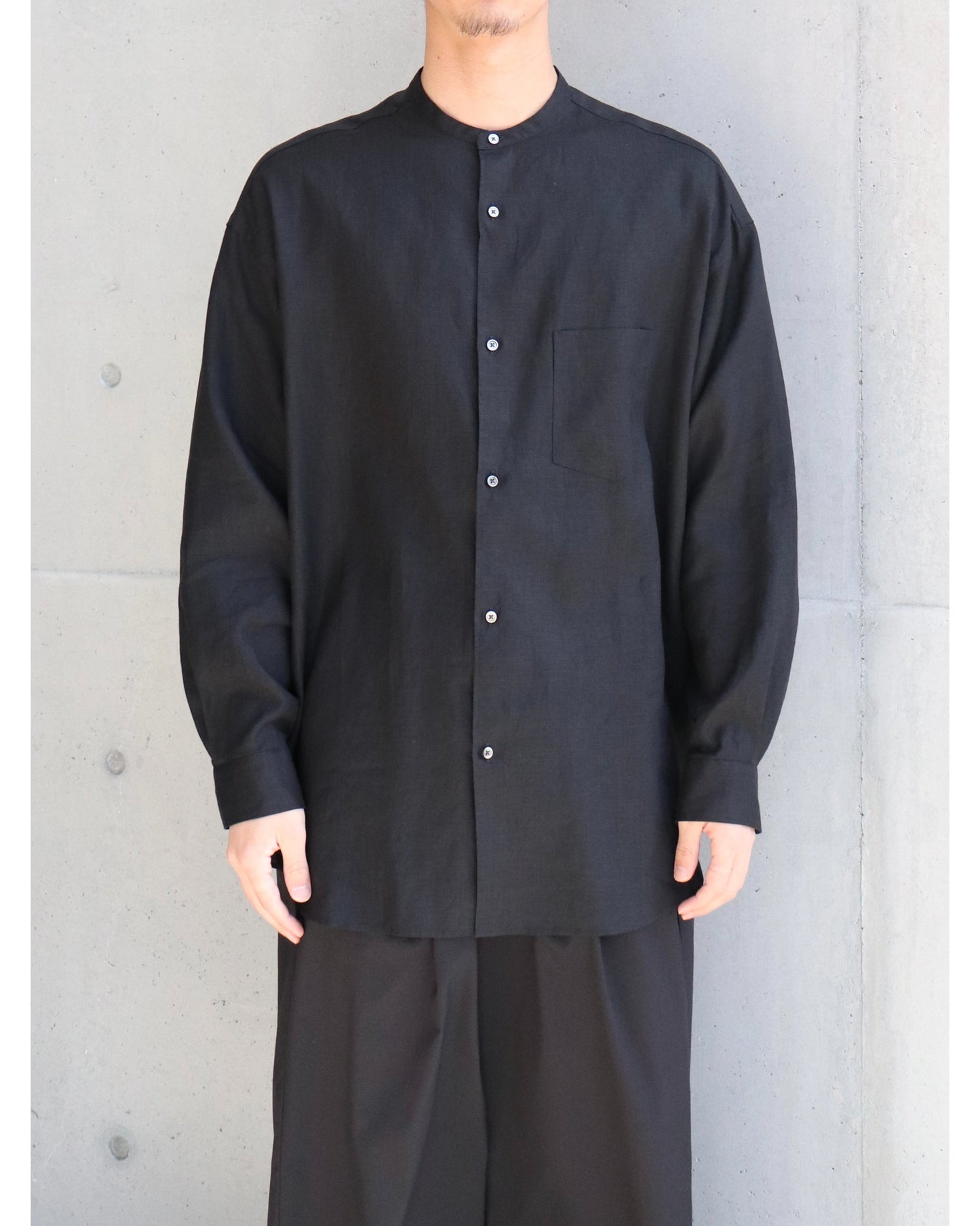 Linen L/S Oversized Band Collar Shirt BLACK