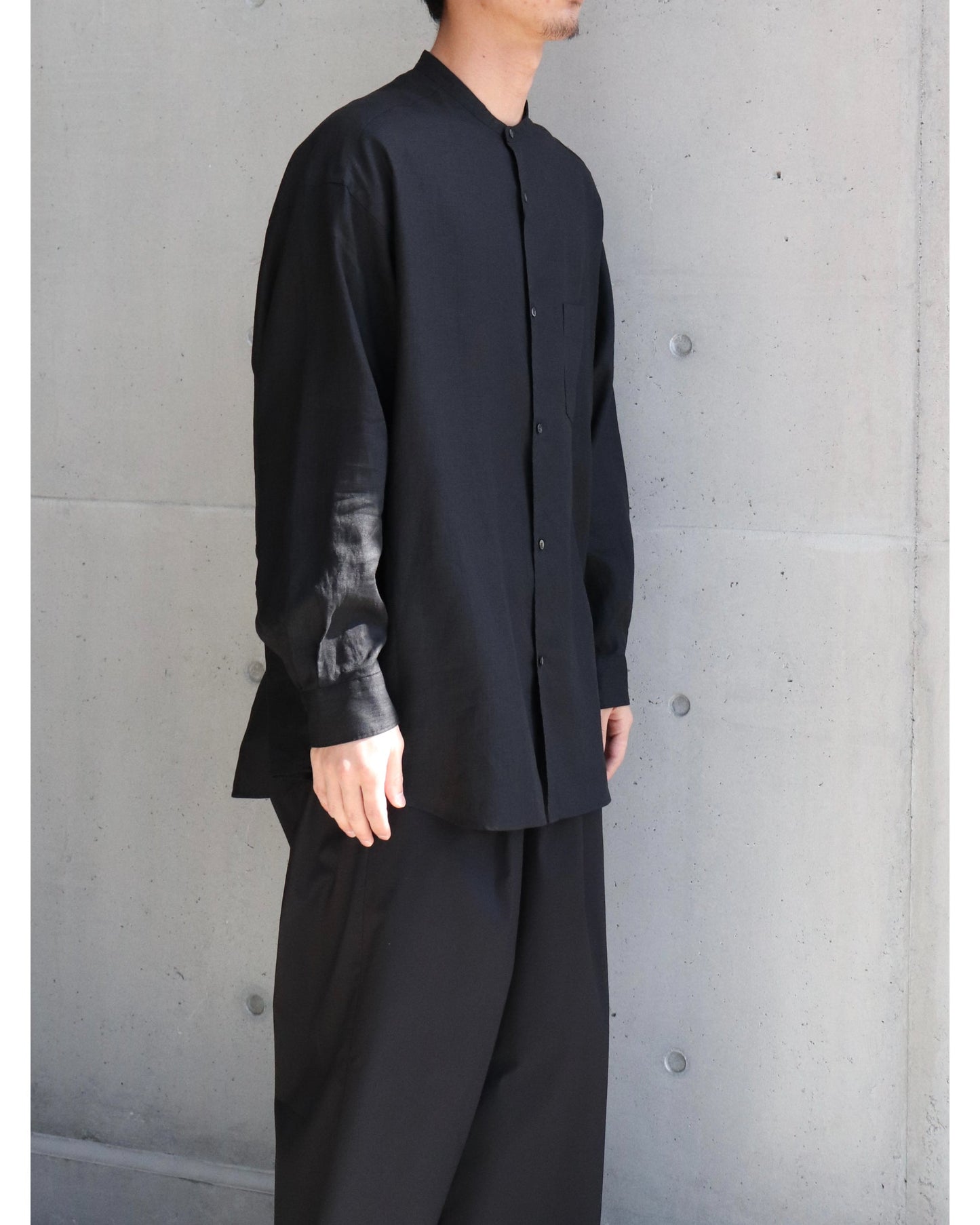 Linen L/S Oversized Band Collar Shirt BLACK