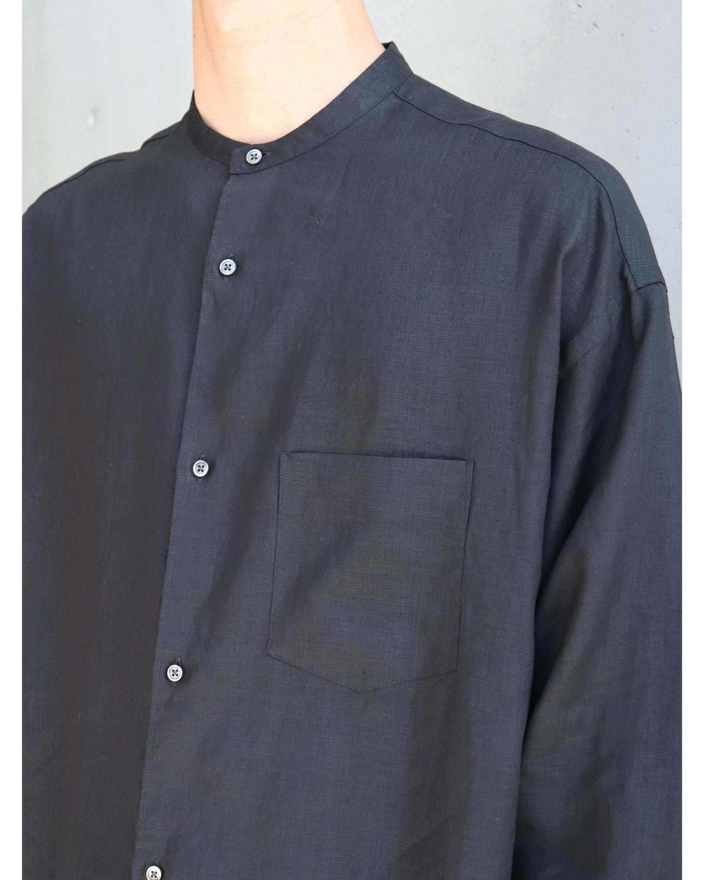 Linen L/S Oversized Band Collar Shirt BLACK