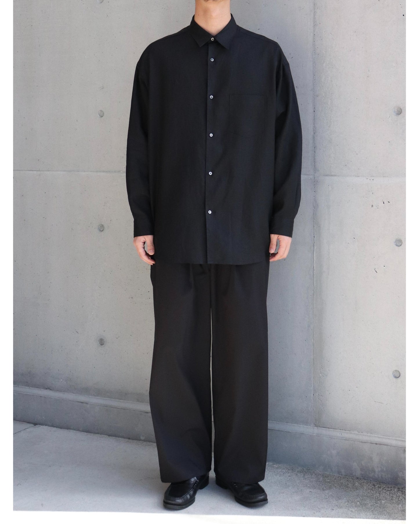 Linen L/S Oversized Regular Collar Shirt BLACK