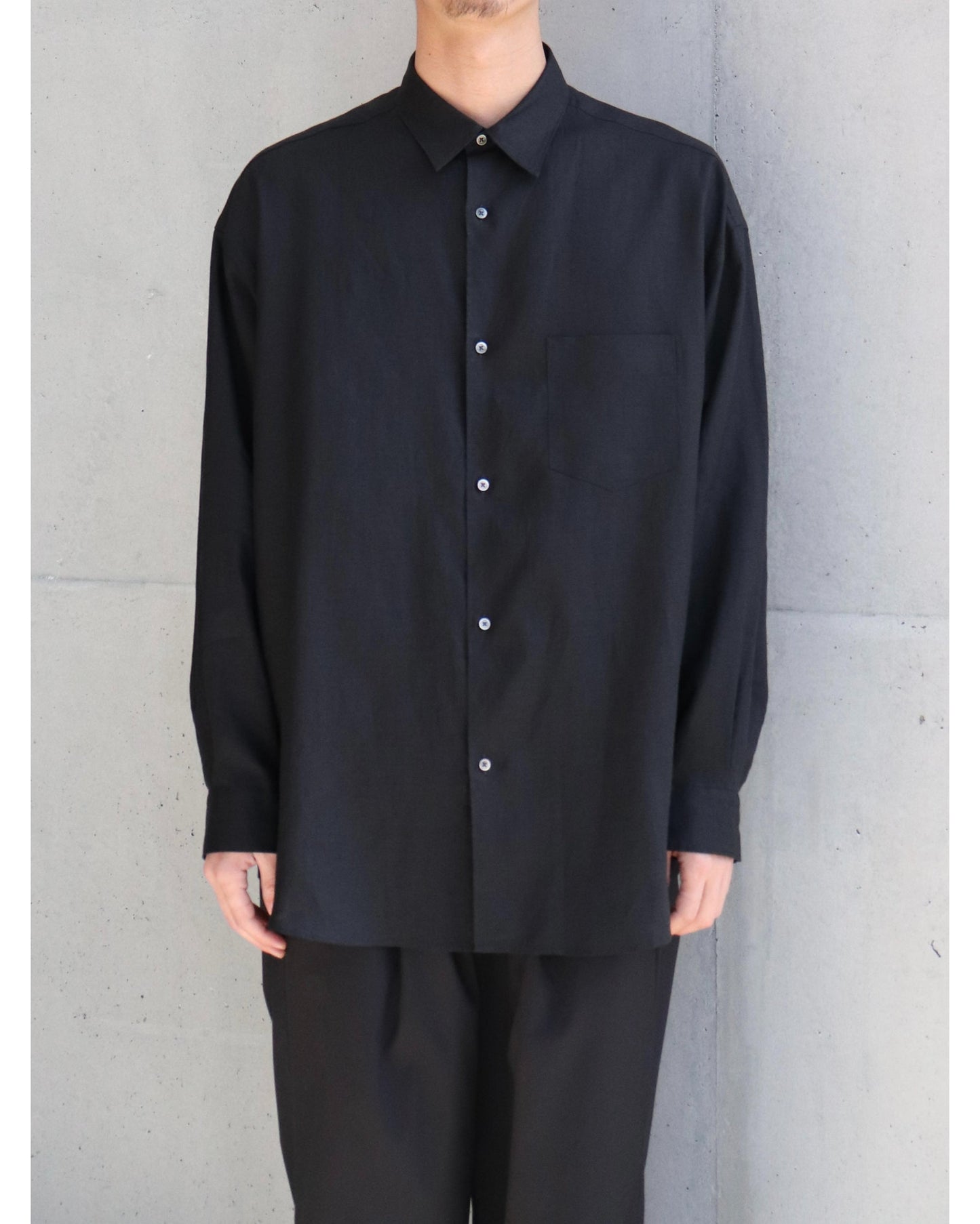 Linen L/S Oversized Regular Collar Shirt BLACK