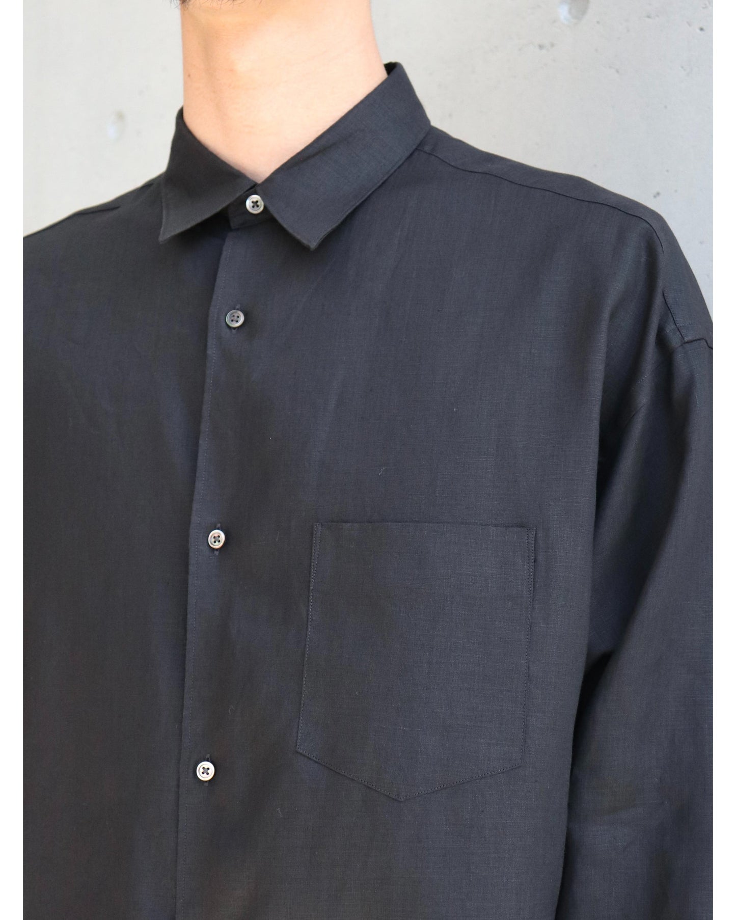 Linen L/S Oversized Regular Collar Shirt BLACK