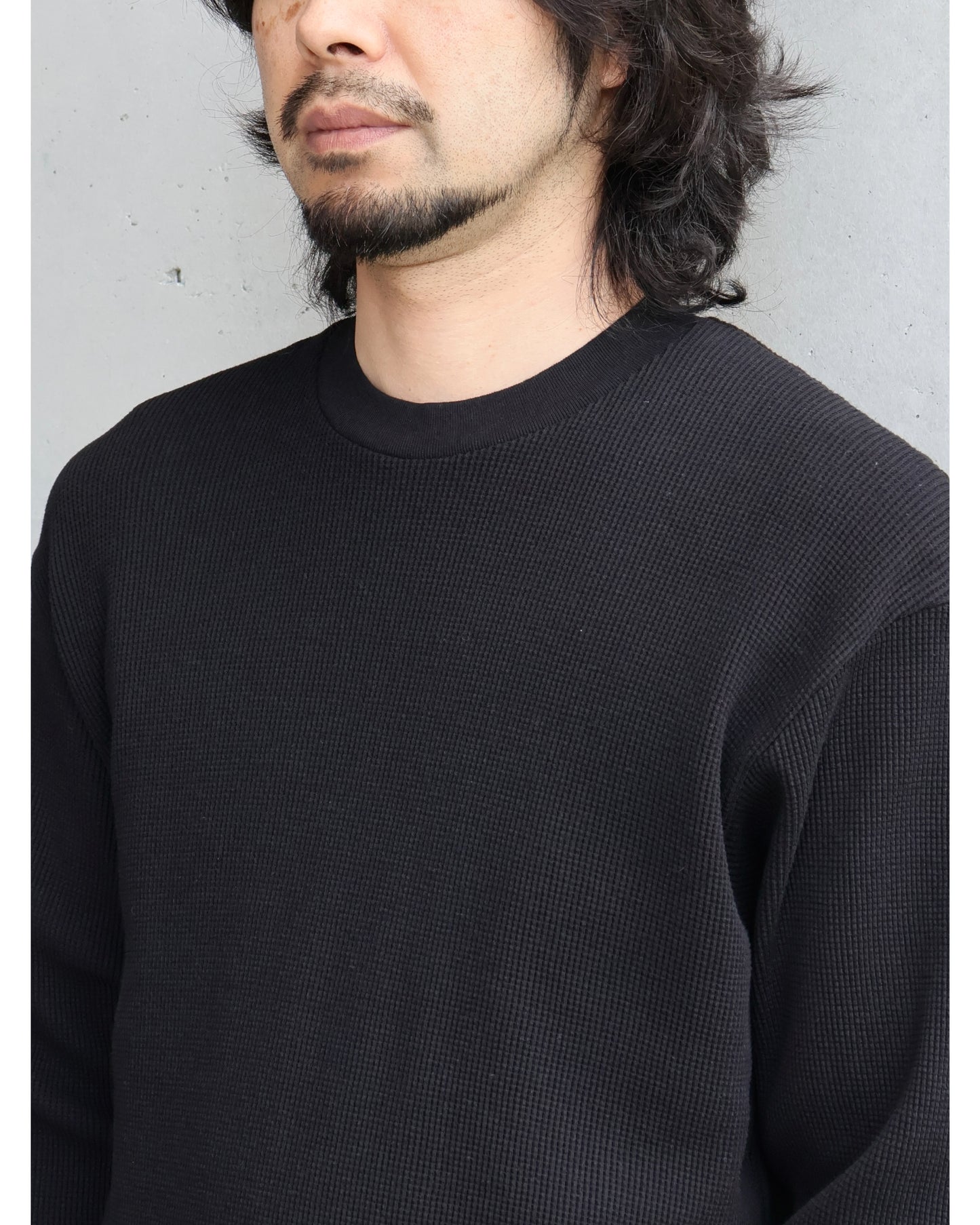 コットンワッフル 長袖Tシャツ BLACK