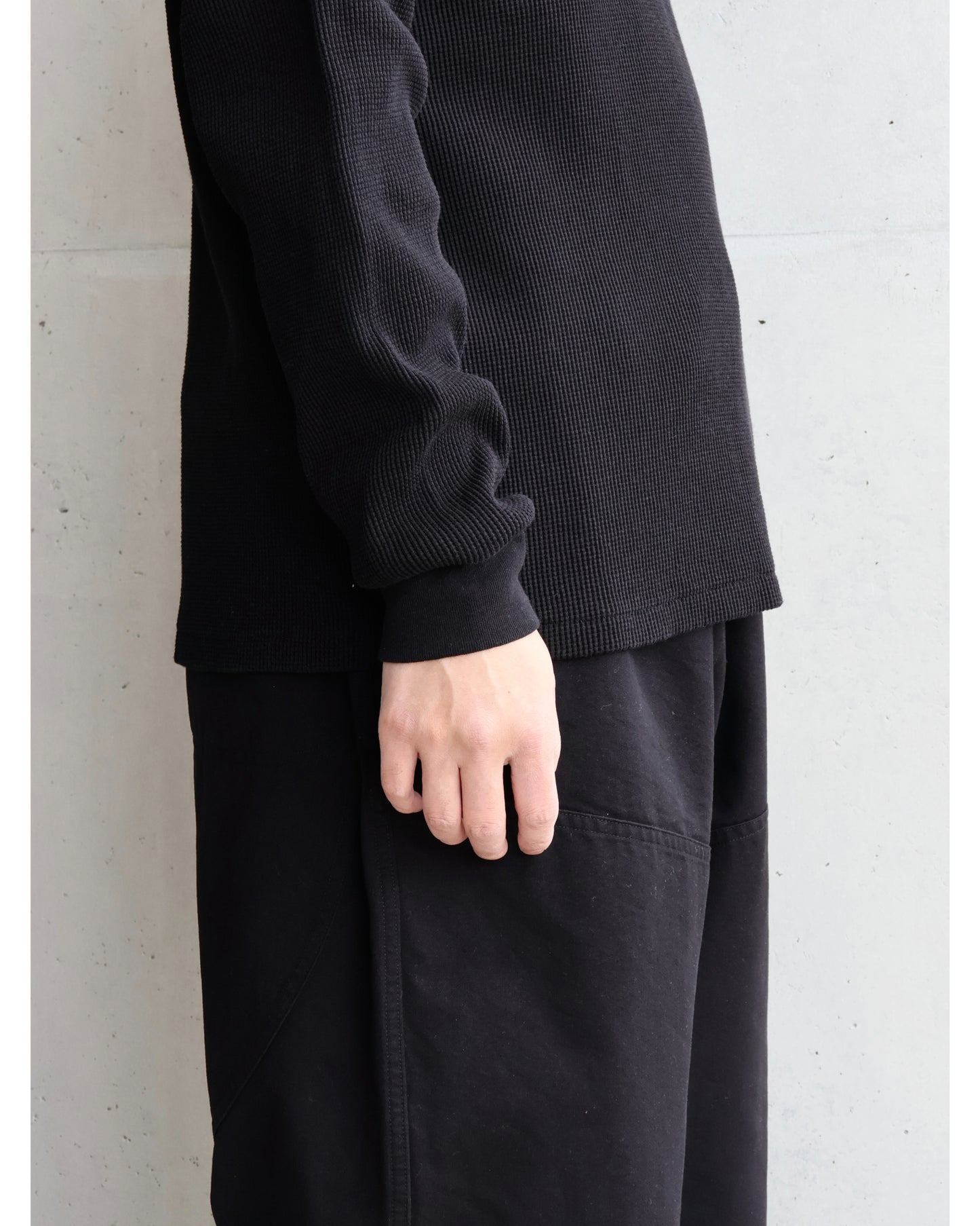 コットンワッフル 長袖Tシャツ BLACK