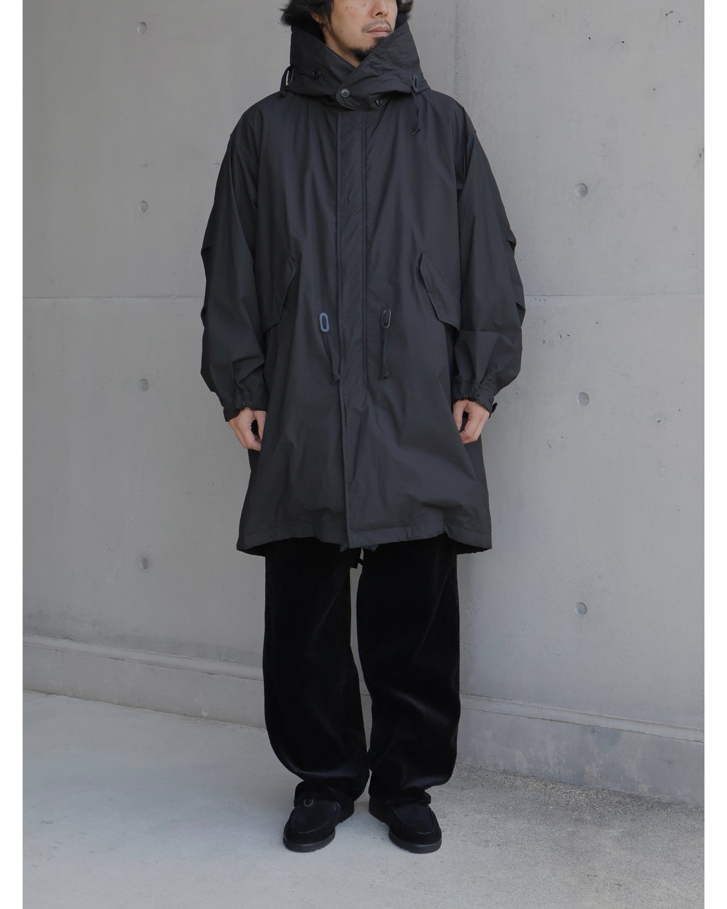 コットンナイロン ミリタリーフーデッドコート BLACK