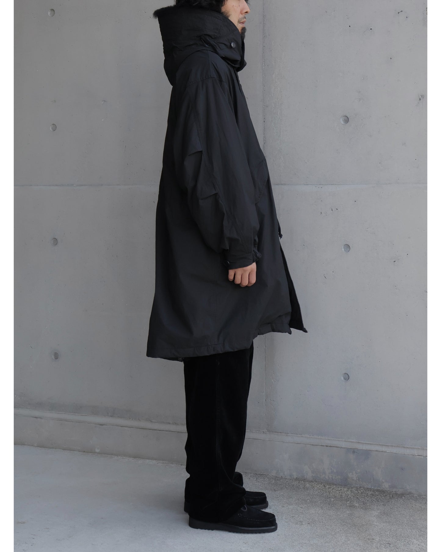 コットンナイロン ミリタリーフーデッドコート BLACK