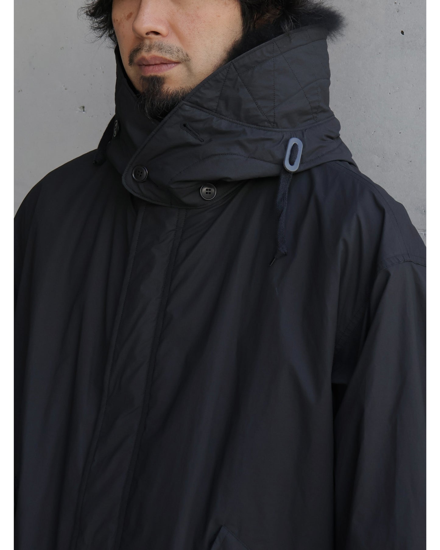 コットンナイロン ミリタリーフーデッドコート BLACK