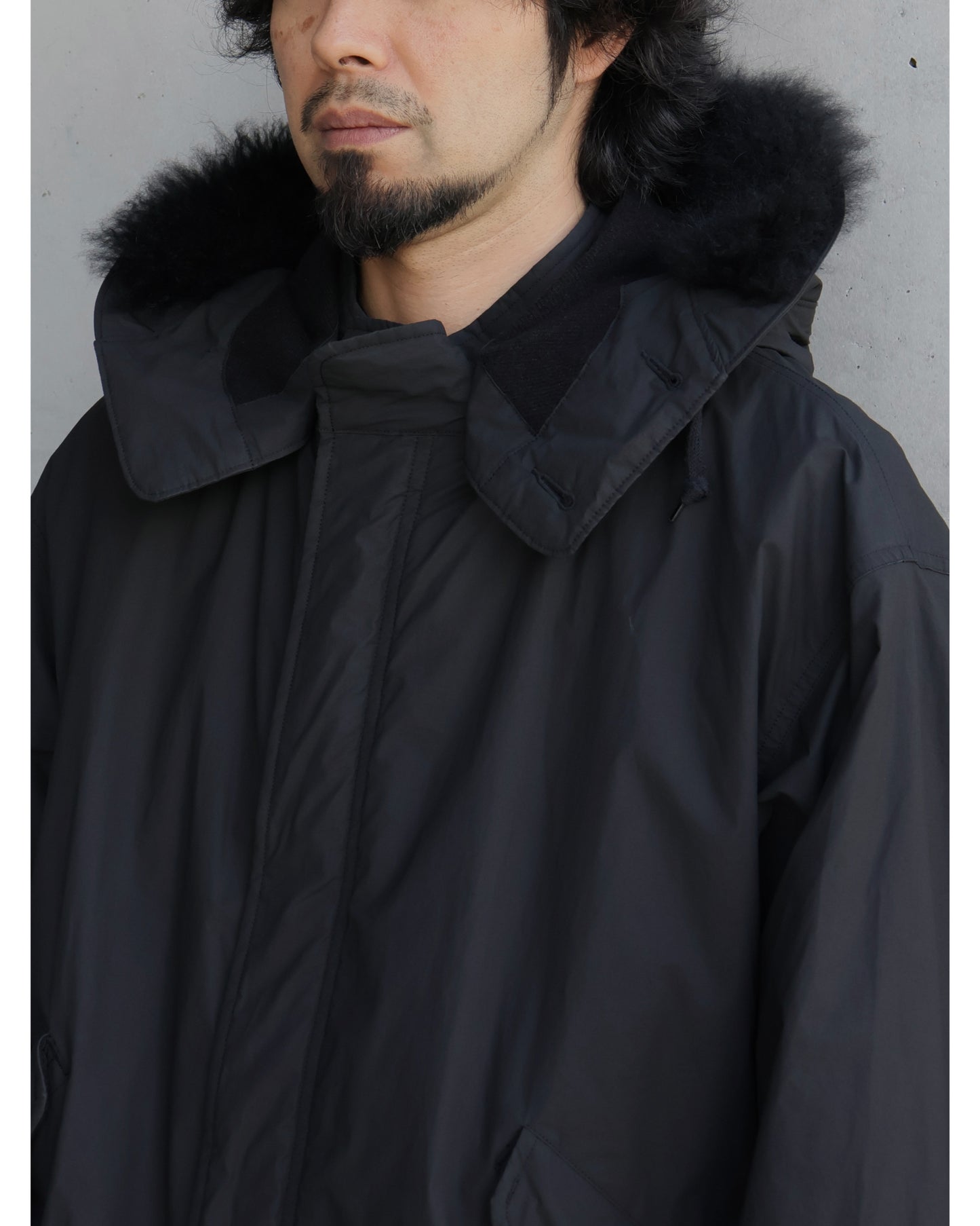 コットンナイロン ミリタリーフーデッドコート BLACK