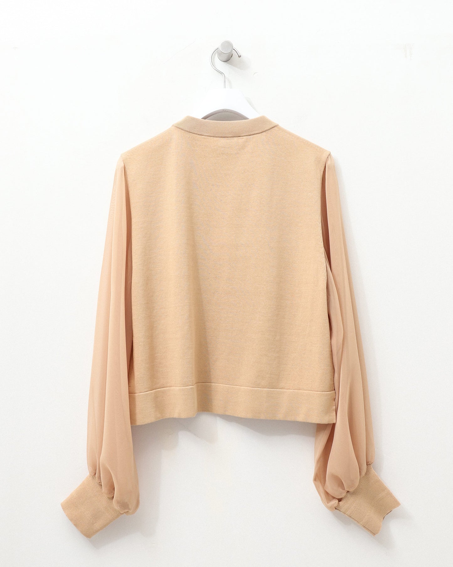 CREW NECK CROPPED SWEATER WITH SHEER SLEEVES 11342