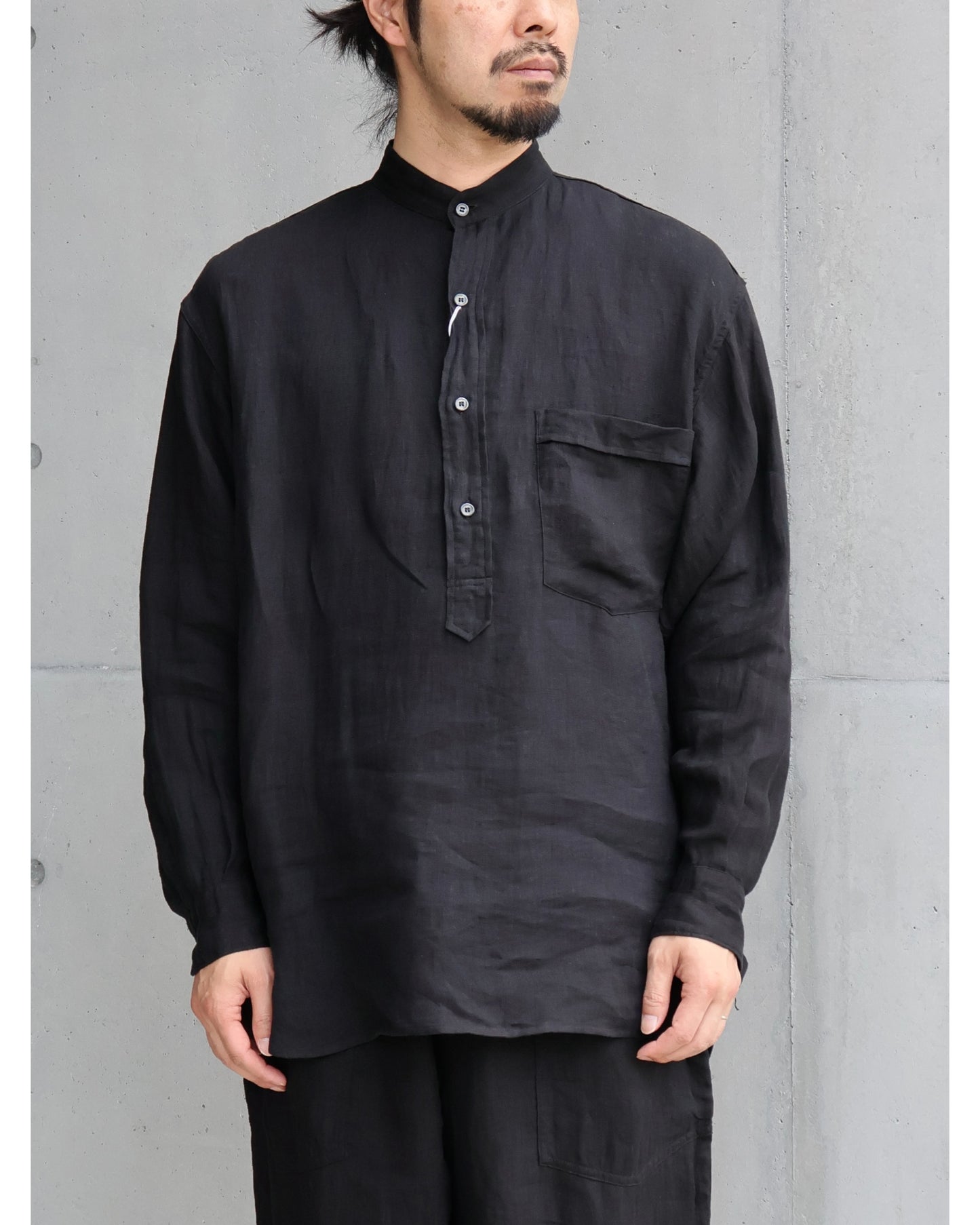 リネンWクロス プルオーバーシャツ BLACK