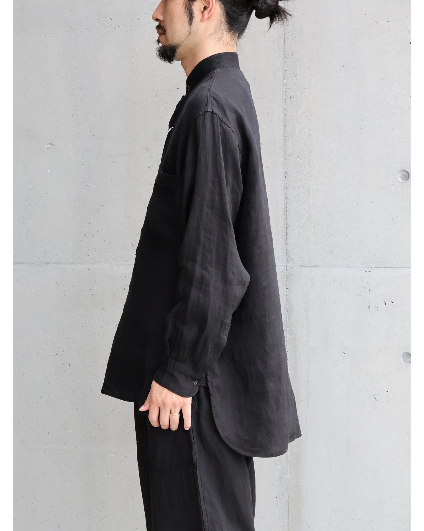 リネンWクロス プルオーバーシャツ BLACK