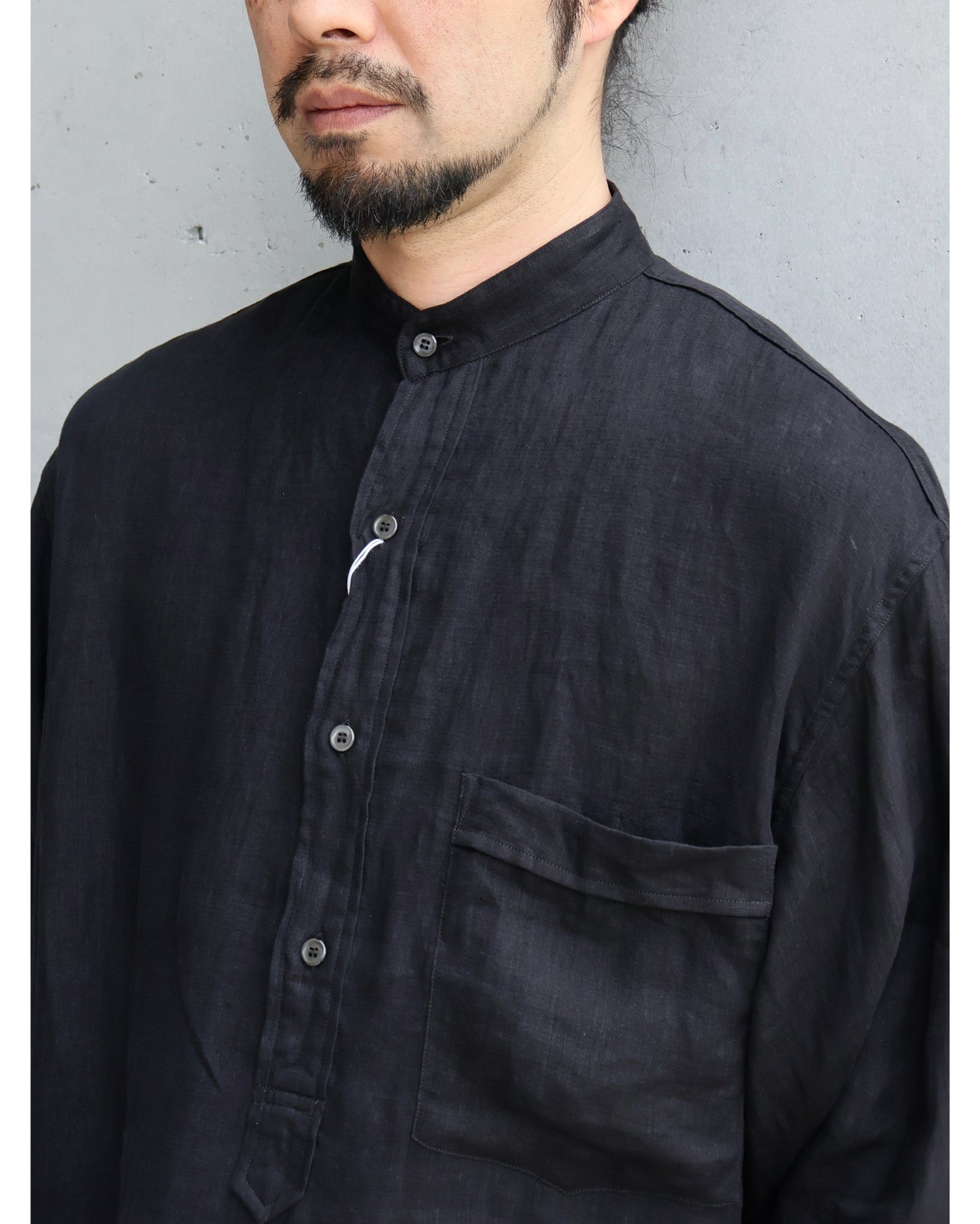リネンWクロス プルオーバーシャツ BLACK
