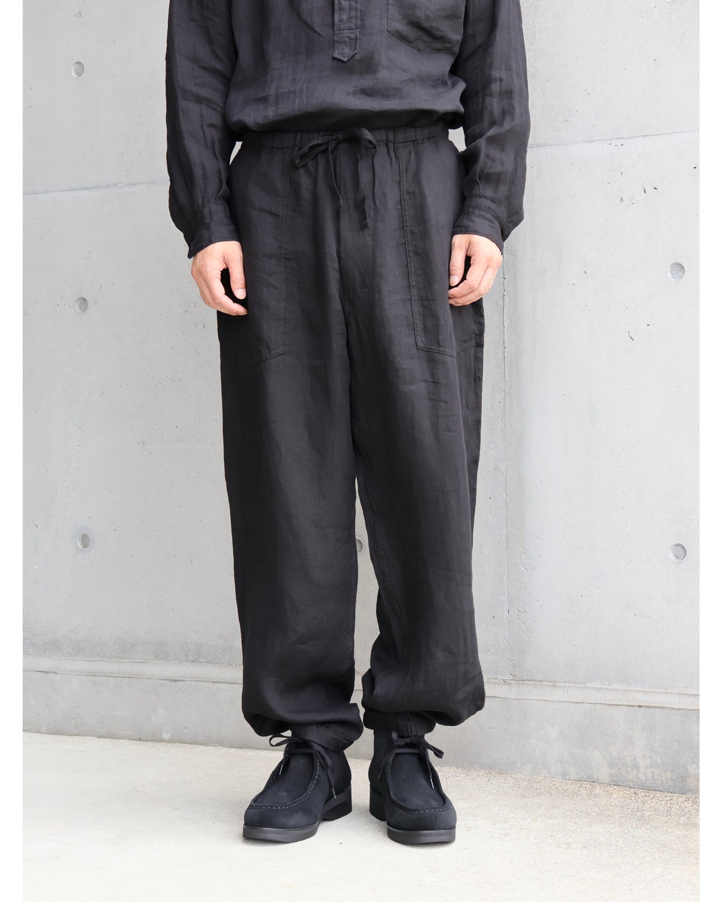 リネンWクロス ドローストリングパンツ BLACK