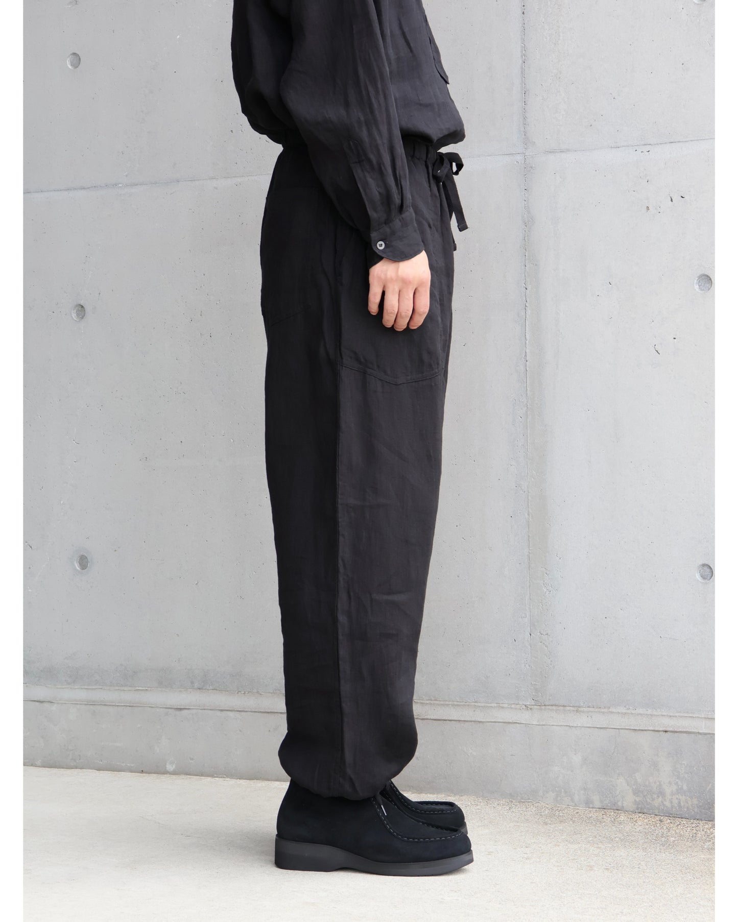 リネンWクロス ドローストリングパンツ BLACK