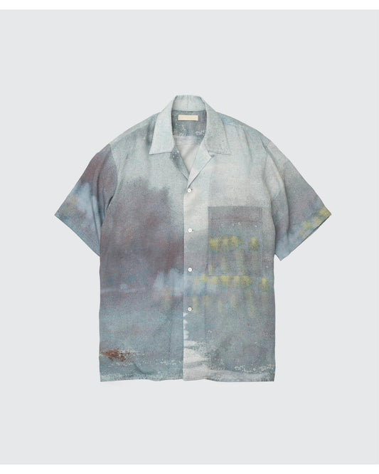 LANDSCAPE PRINTED OPEN COLLAR SHIRT  BLUE