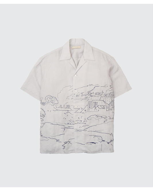 EMBROIDERY OPEN COLLAR SHIRT  GRAY