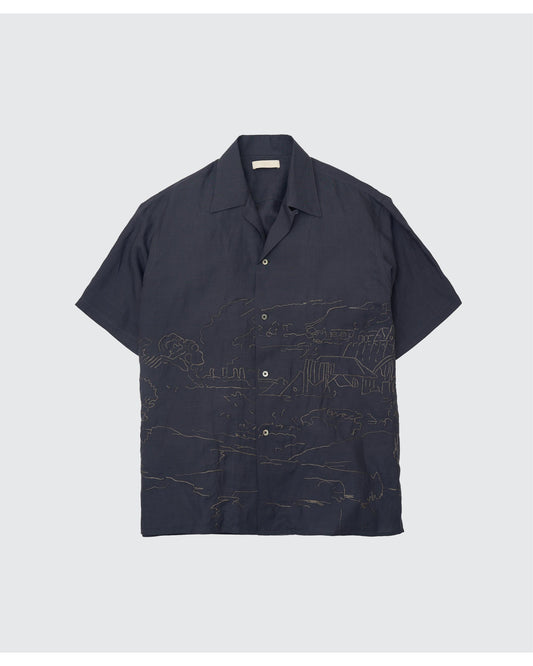 EMBROIDERY OPEN COLLAR SHIRT  NAVY