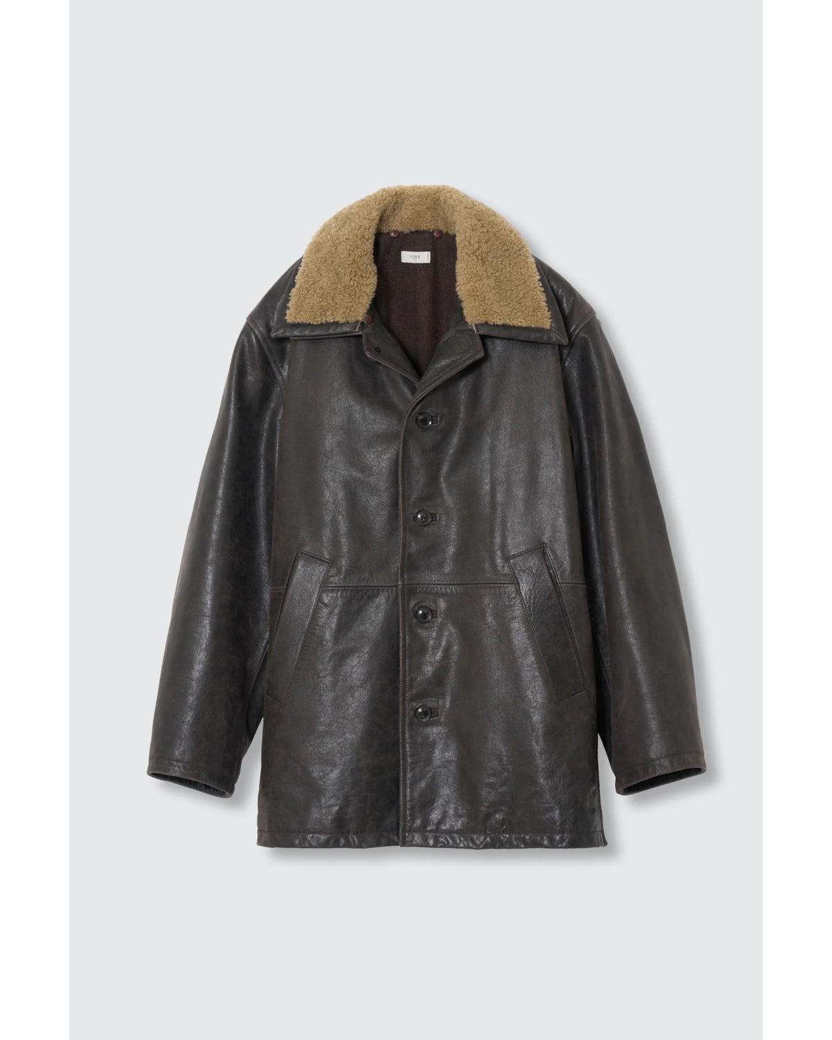Shearling Collar Leather Car Coat Dark Brown