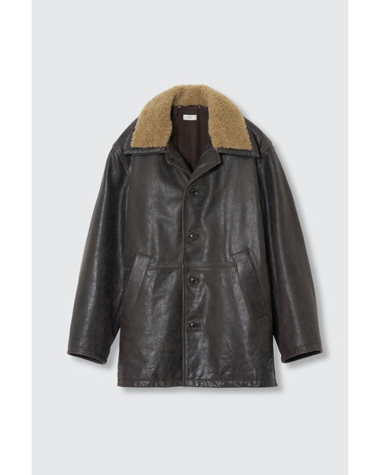 Shearling Collar Leather Car Coat Dark Brown
