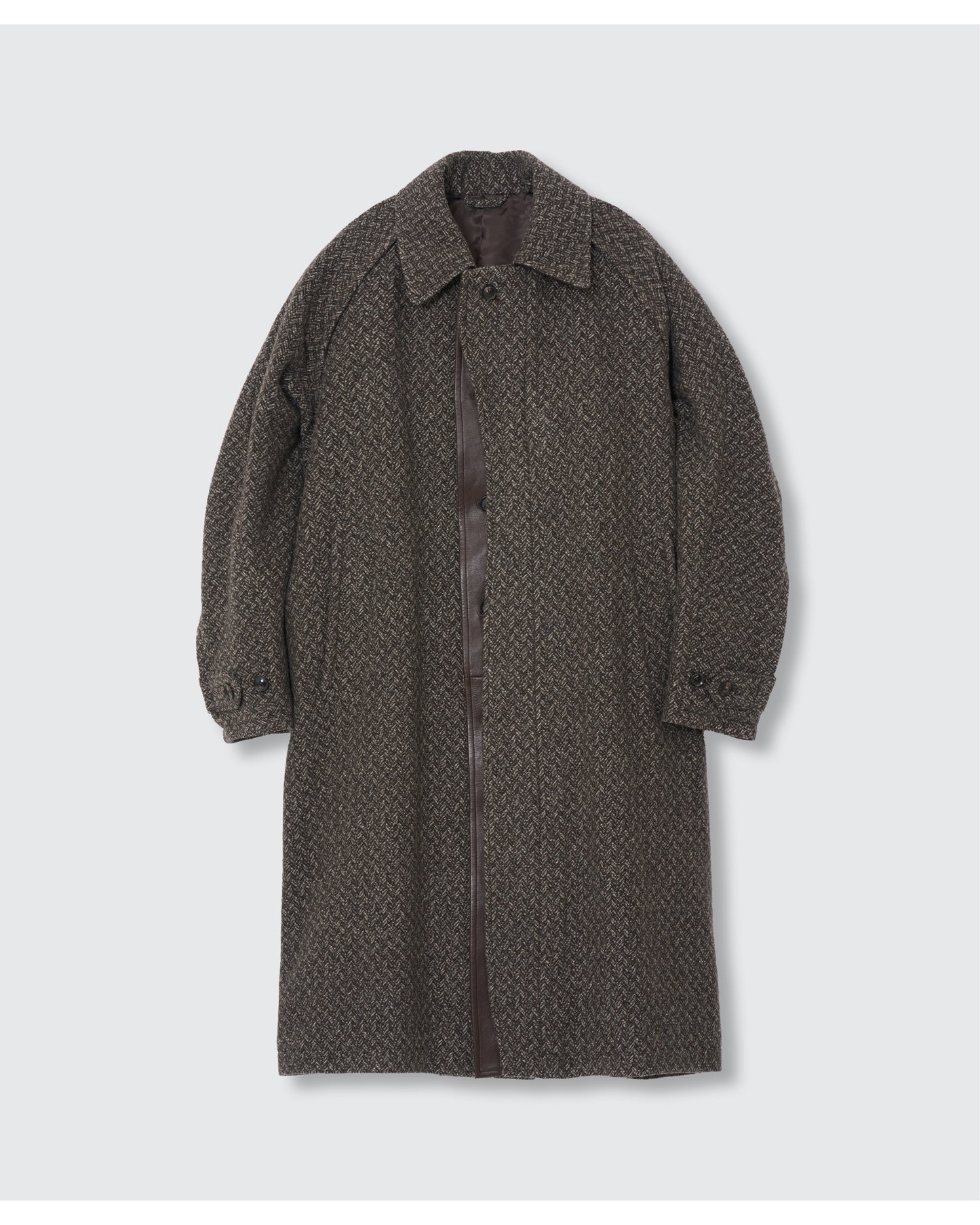 Herringbone Tweed Balmacaan Overcoat Brown